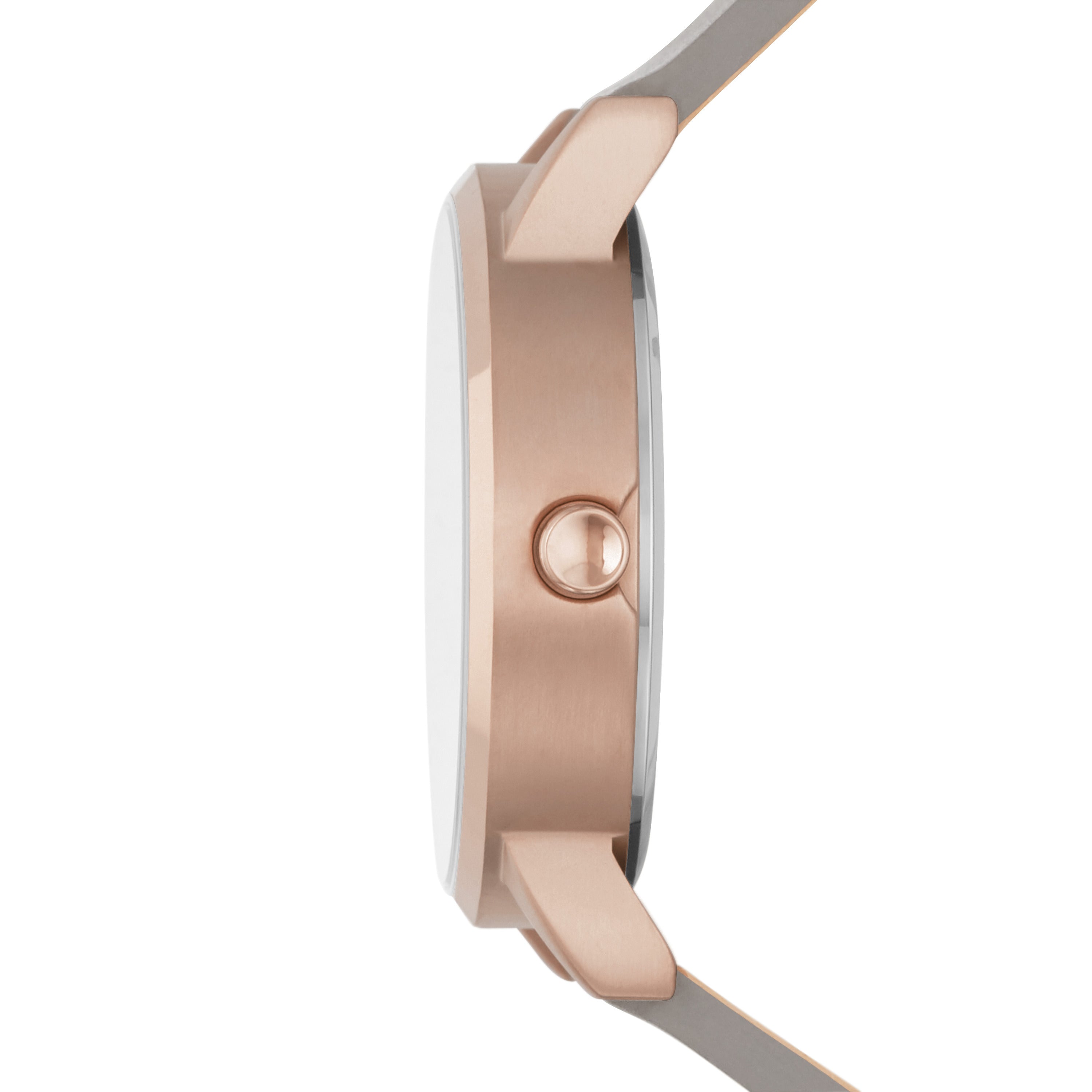 Seitenansicht der DKNY Armbanduhr - The Grey Leather Allrounder in Roségold mit Krone und grauem Lederarmband von DKNY, vor weißem Hintergrund.