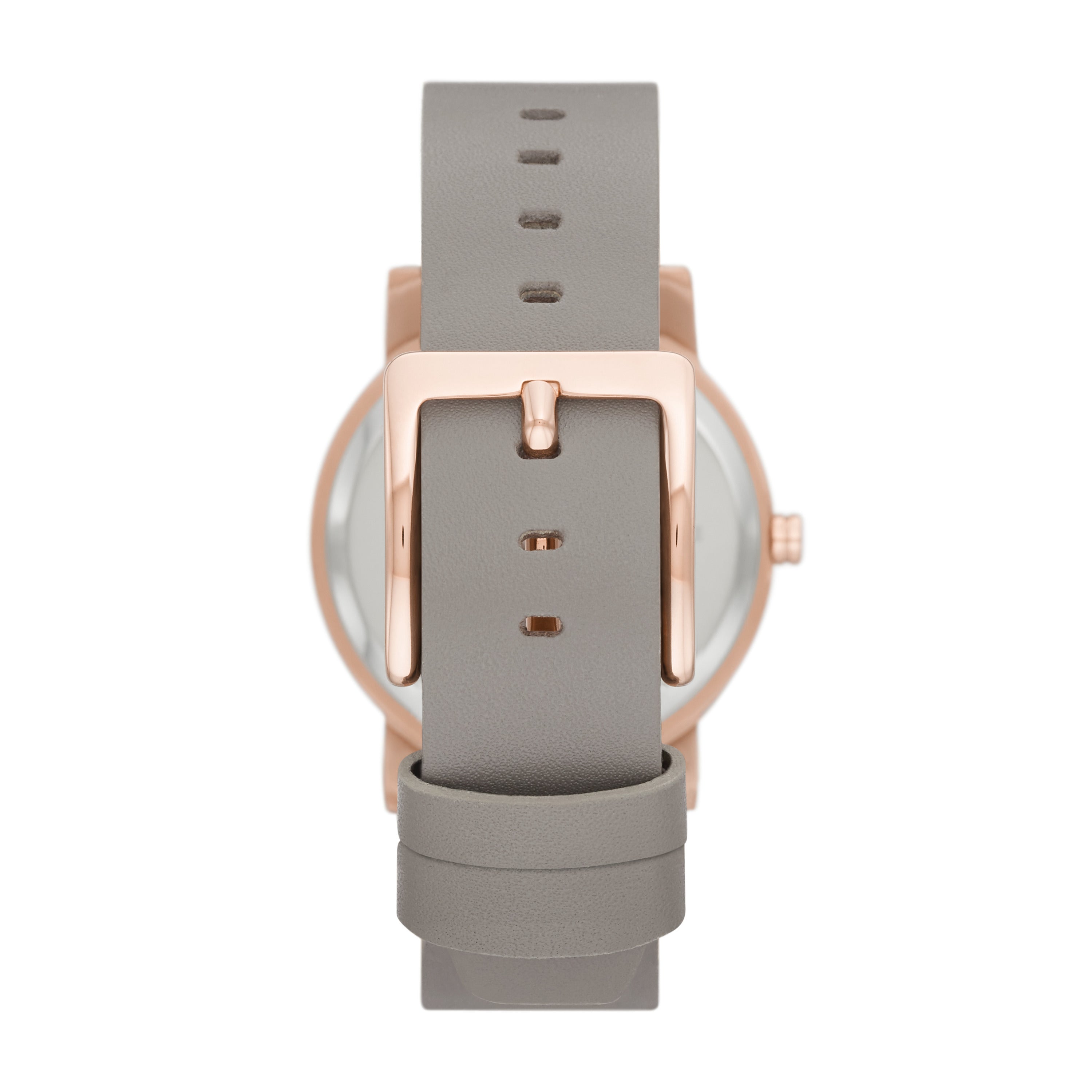 Rückansicht der DKNY Armbanduhr - The Grey Leather Allrounder mit einem grauen Lederarmband und einer eleganten roségoldenen Schließe von DKNY.
