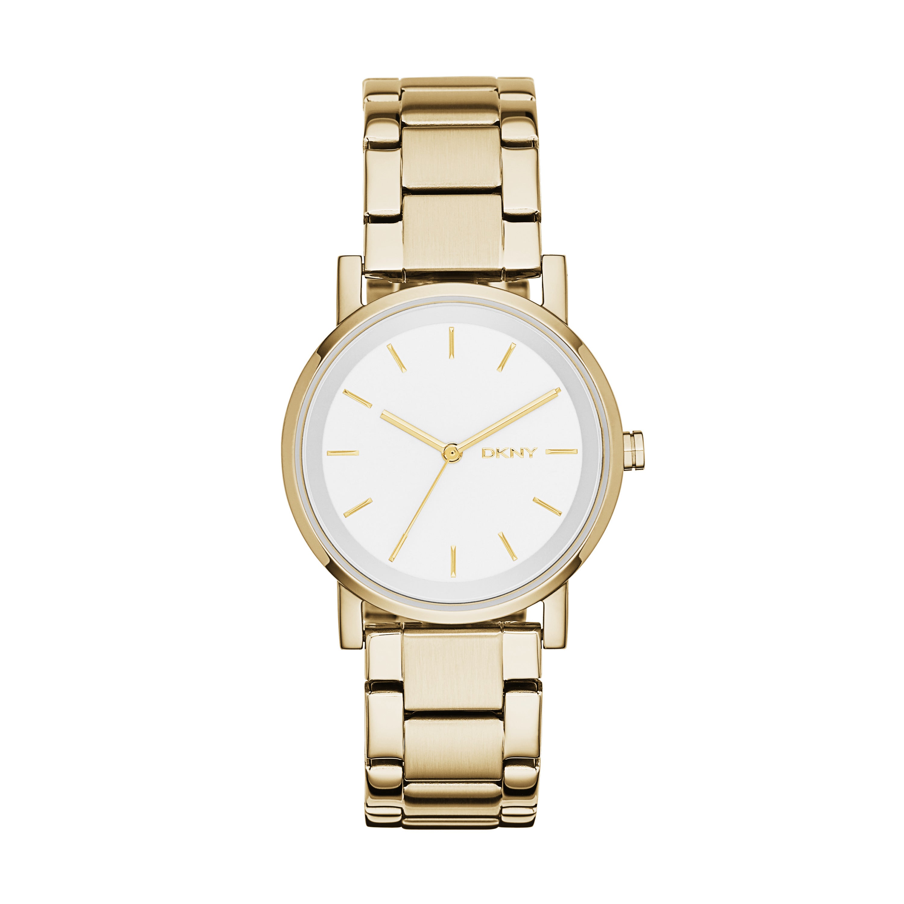 Die DKNY Armbanduhr - The Basic Must-Have Minimalist präsentiert sich mit goldfarbenem Metallgliederband, weißem Zifferblatt und minimalistischen goldenen Stundenmarkierungen auf weißem Hintergrund.