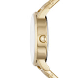 Seitenansicht der DKNY Armbanduhr - The Basic Must-Have Minimalist, mit goldfarbenem, rundem Gehäuse und rechtsseitiger Krone, designed von DKNY mit minimalistischer Ästhetik.