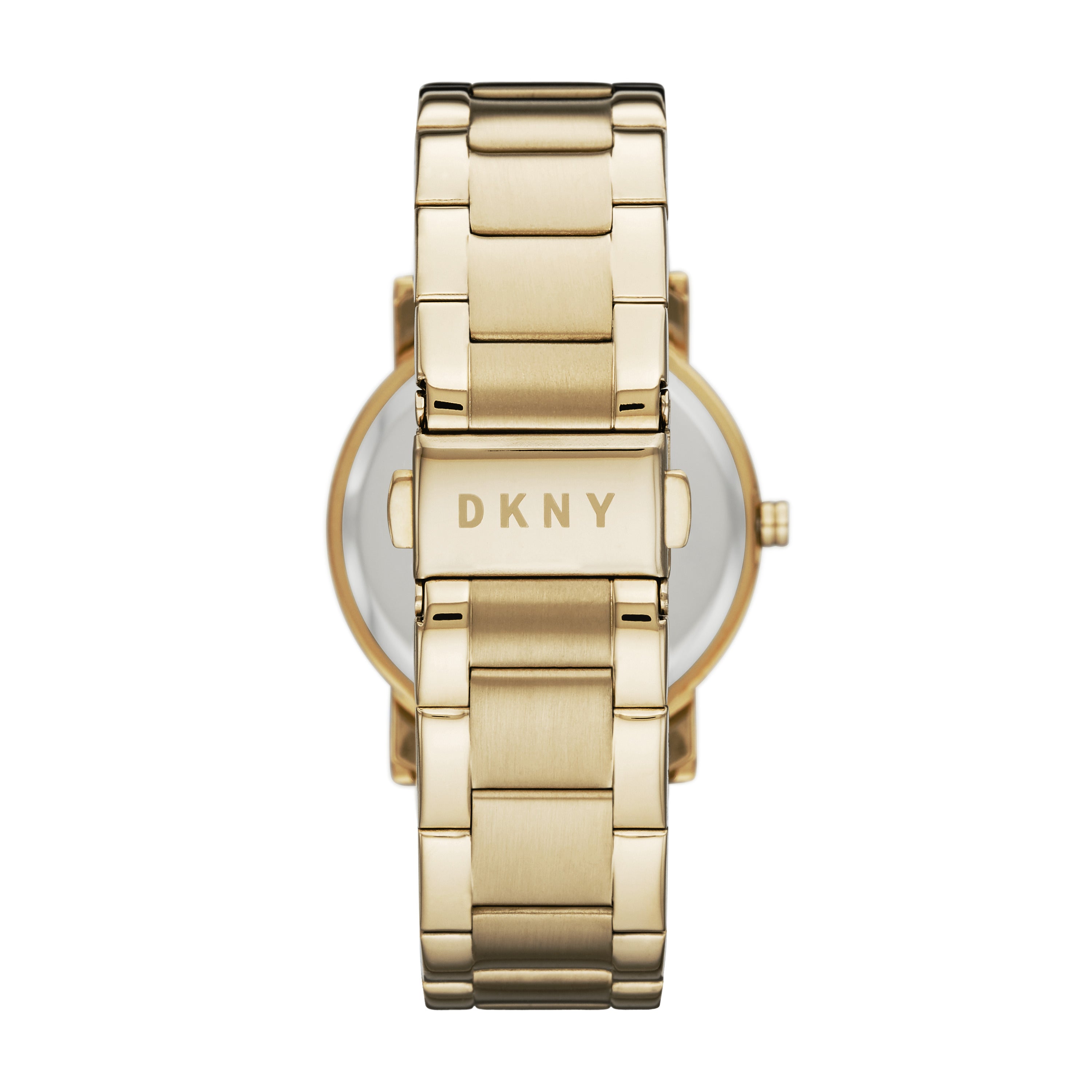 Die goldfarbene DKNY Armbanduhr - The Basic Must-Have Minimalist besticht mit schlichter Eleganz, einer markanten Schließe und eingraviertem DKNY Logo als minimalistisches Detail.