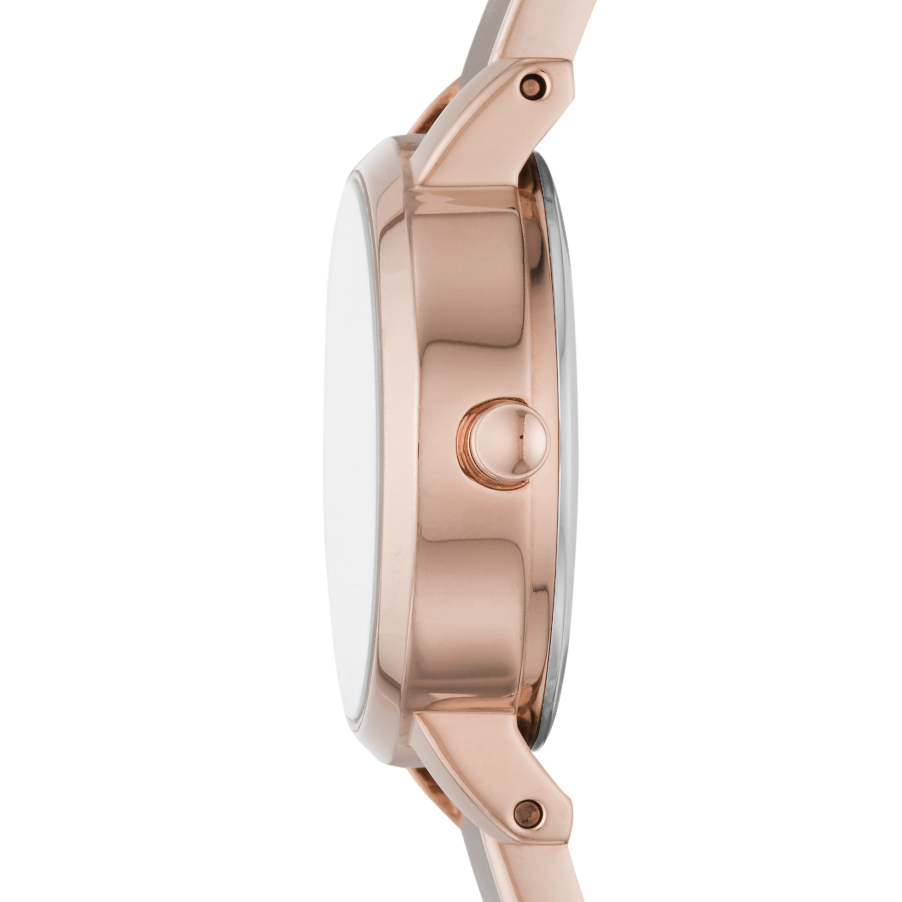 Seitenansicht der DKNY Armbanduhr - The DKNY Must-Have, mit einem roségoldenen Edelstahlgehäuse mit Krone und einem hellen Armband.
