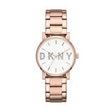 DKNY Armbanduhr mit glassteinverziertem Logodetail, roségoldenem Gehäuse und roségoldenem Edelstahlband Produktbild