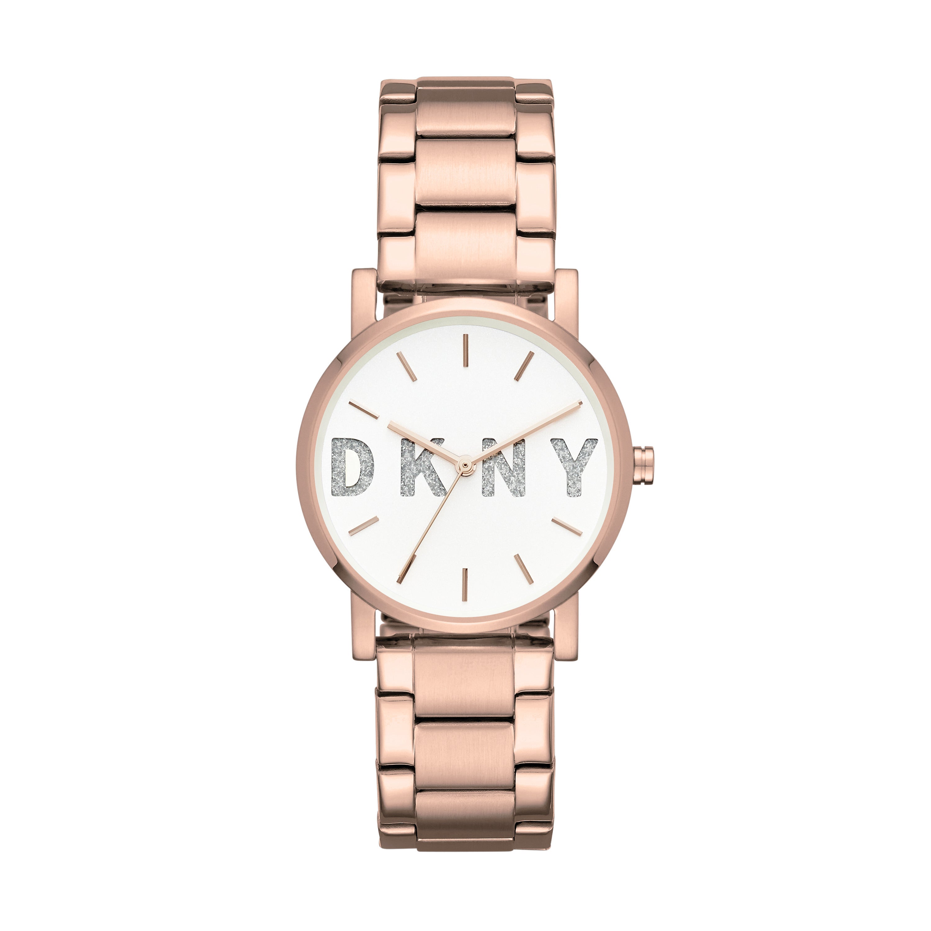 DKNY Armbanduhr mit glassteinverziertem Logodetail, roségoldenem Gehäuse und roségoldenem Edelstahlband Produktbild