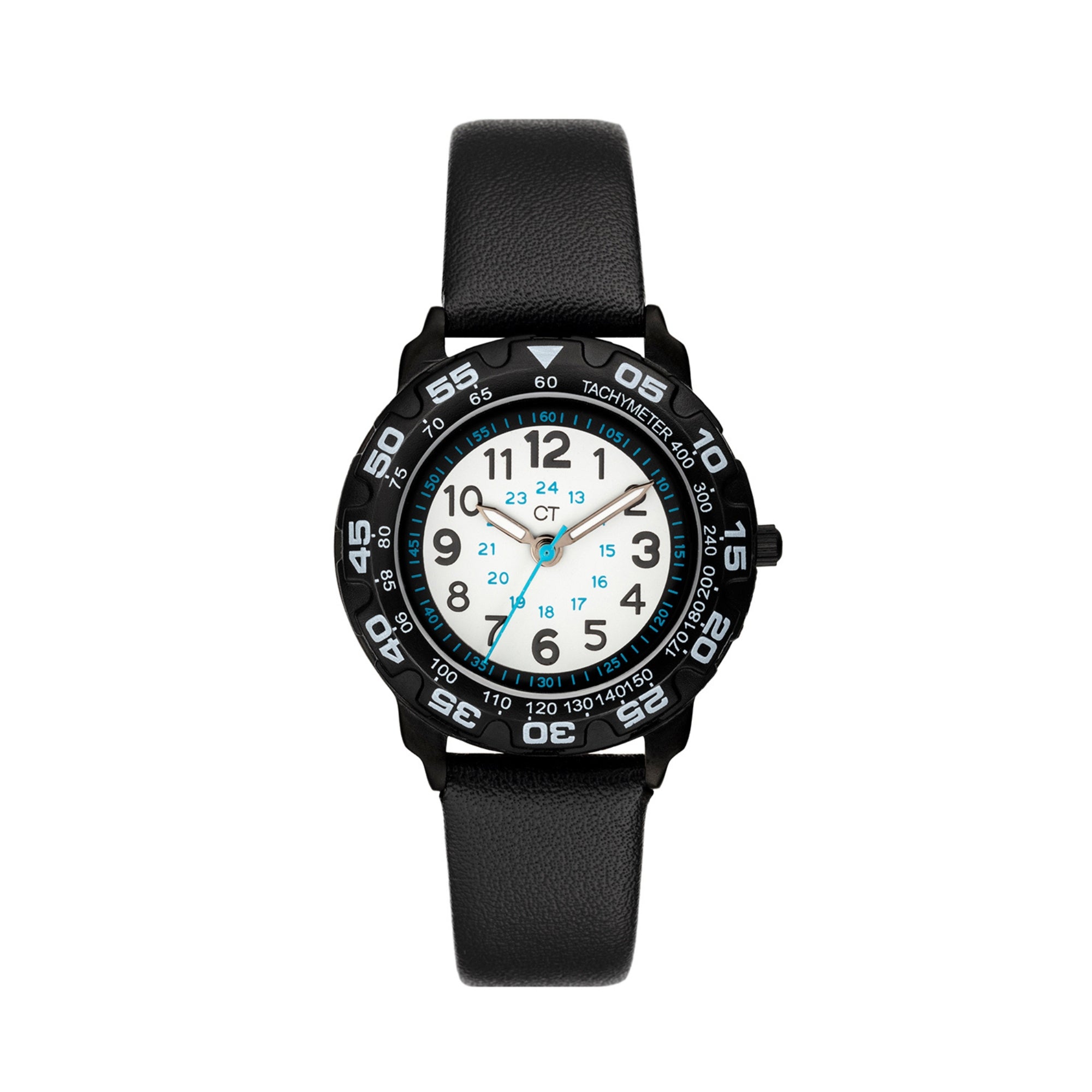 Die Cool Time Kids Armbanduhr - Die Cool Classic Black von Cool Time hat ein weißes Ziffernblatt, eine schwarze Lünette und ein schwarzes Lederarmband - stylisch für Kinder, zeigt die Zeit und den Tachymeter an und ist damit das perfekte Geschenk.