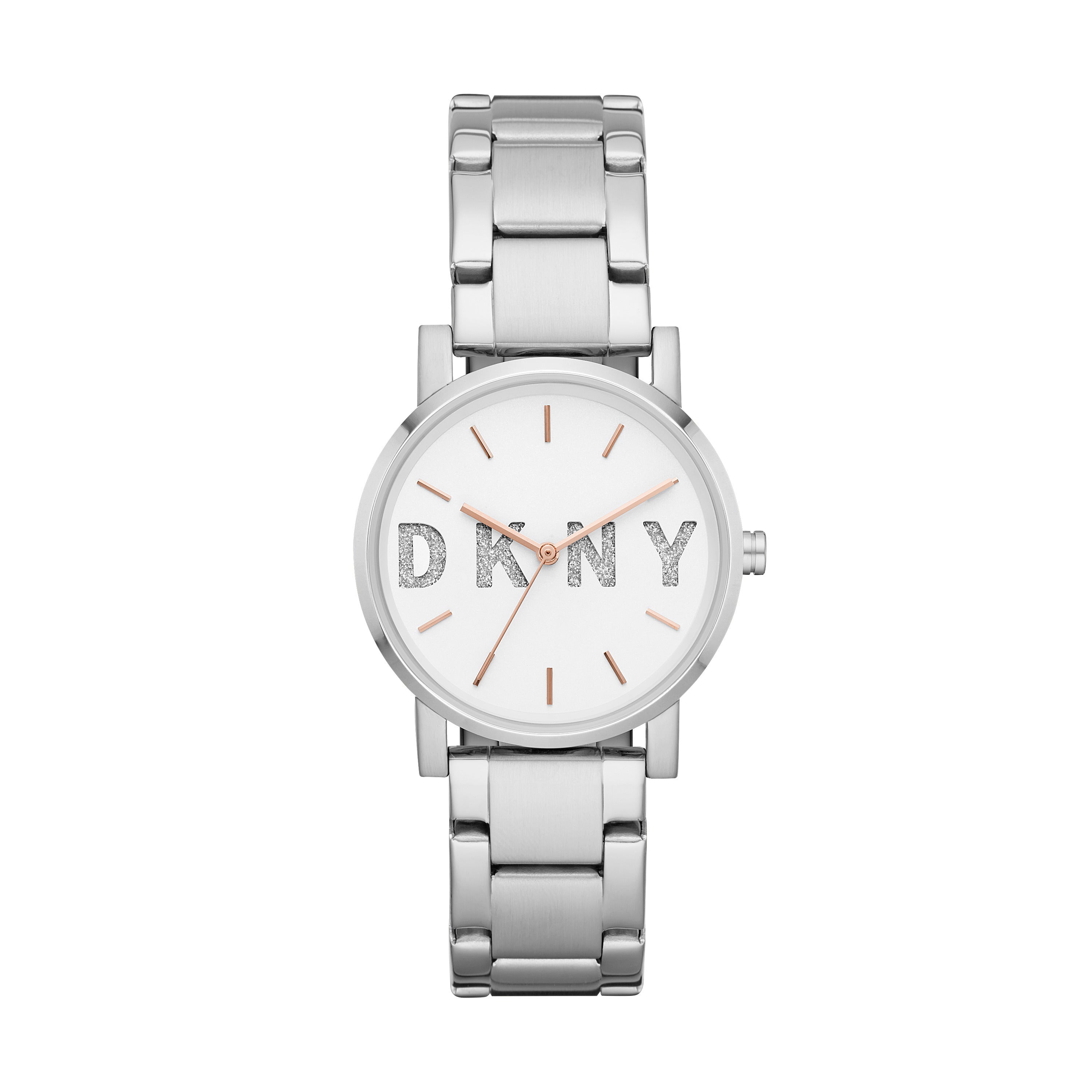 DKNY Armbanduhr mit glassteinverziertem Logodetail, silbernem Gehäuse und silbernem dreigliedrigem Edelstahlband Produktbild
