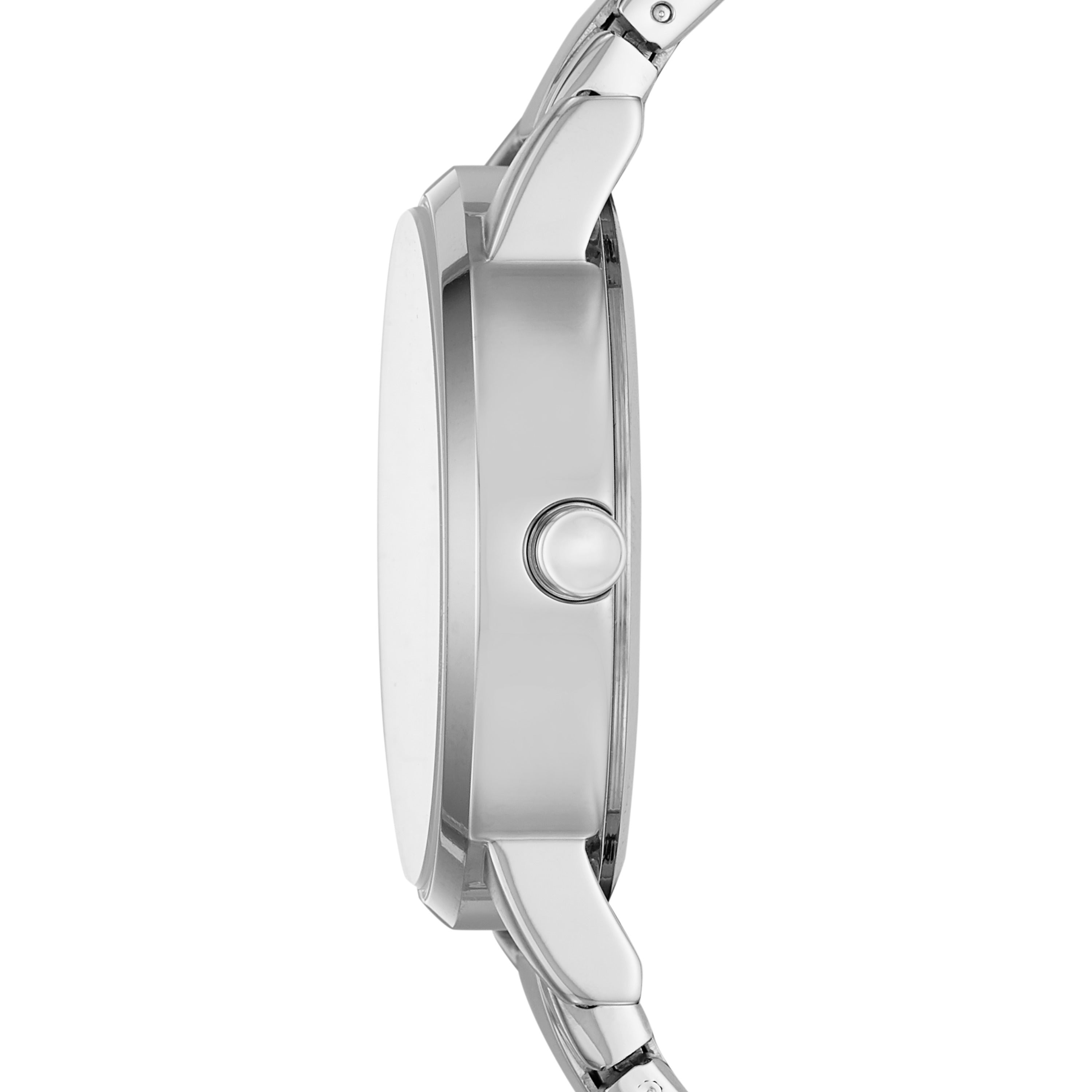 DKNY Armbanduhr mit glassteinverziertem Logodetail, silbernem Gehäuse und silbernem dreigliedrigem Edelstahlband Seitenansicht