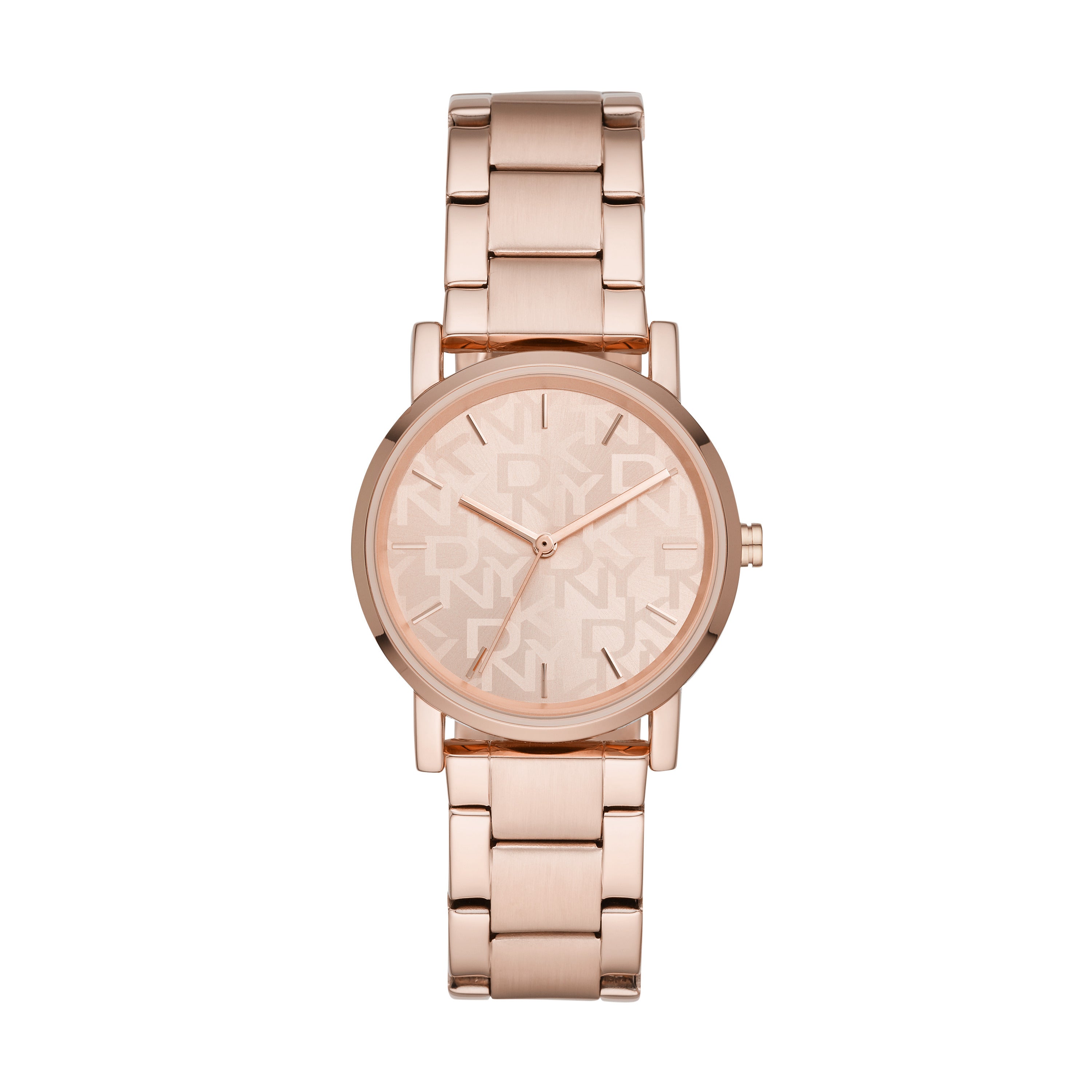 DKNY Armbanduhr mit roségoldenem Sunray-Ziffernblatt mit wiederholtem Logo, roségoldenem Gehäuse sowie dreigliedrigem Edelstahlband Produktbild