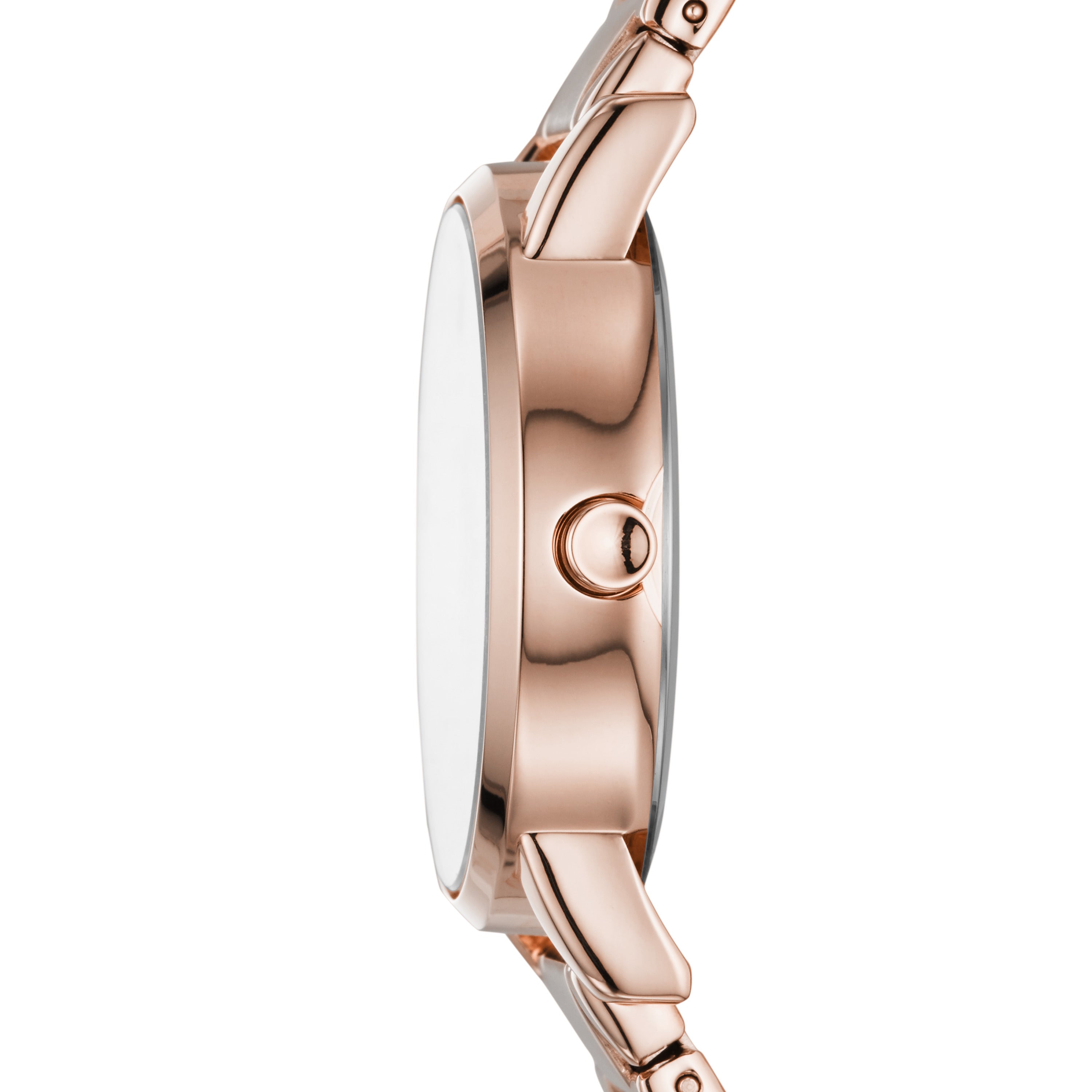 DKNY Armbanduhr mit roségoldenem Sunray-Ziffernblatt mit wiederholtem Logo, roségoldenem Gehäuse sowie dreigliedrigem Edelstahlband Seitenanischt