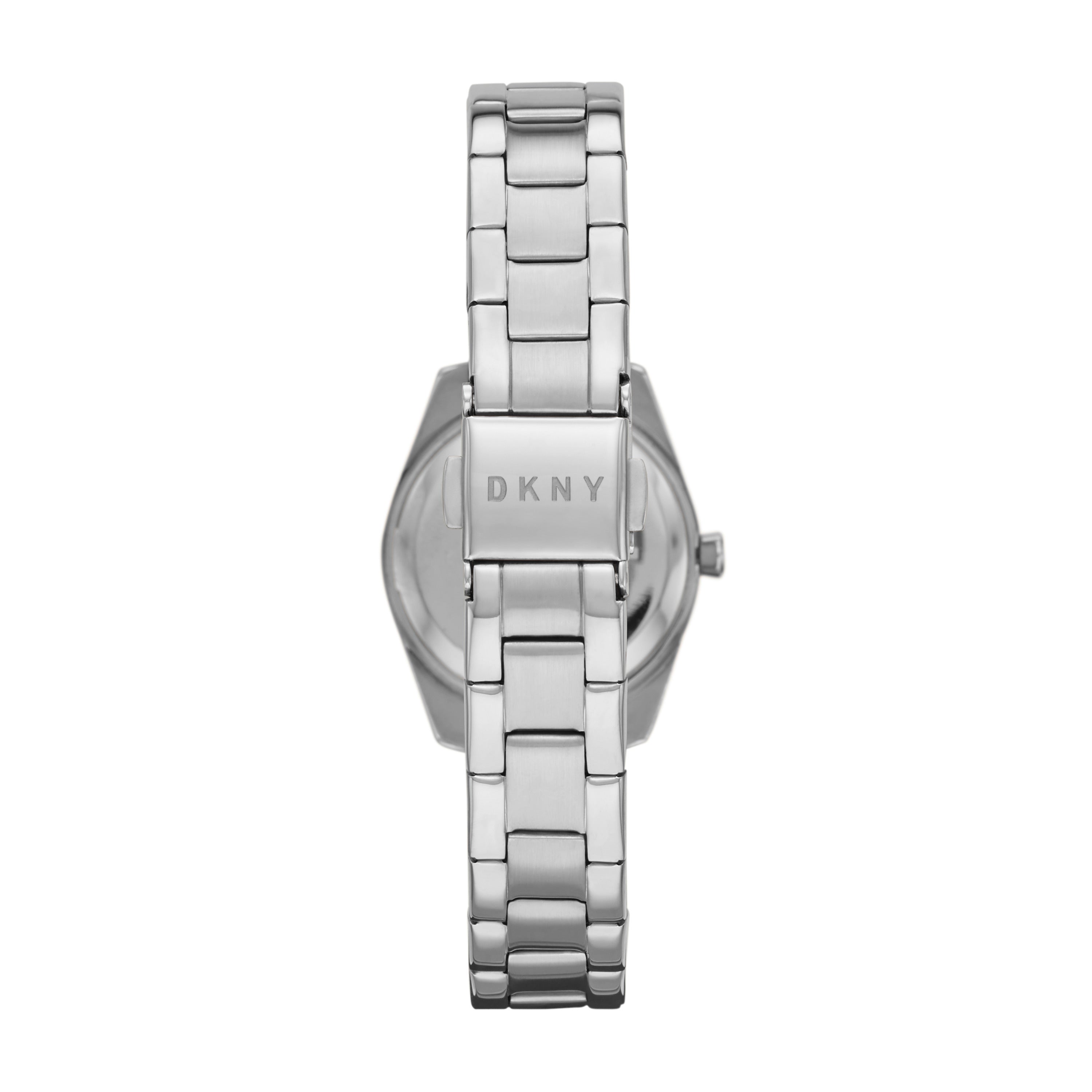 DKNY Armbanduhr mit silbernem Sunray-Ziffernblatt, silbernem Gehäuse mit Glitz-Lünette und silbernem Edelstahlband Rückansicht