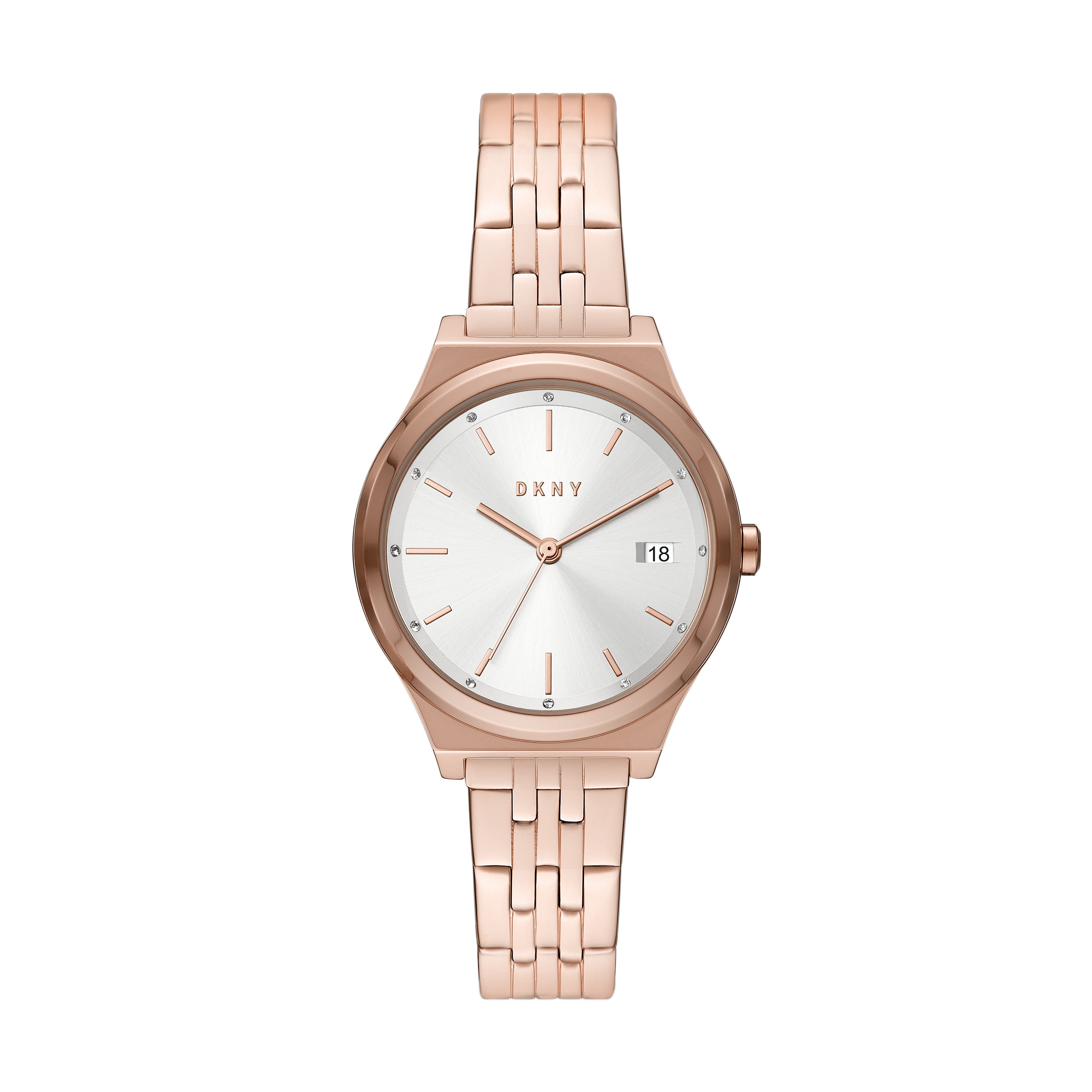 DKNY Armbanduhr - Der klassische Allrounder: Roségoldene Uhr mit silbernem Sunray-Zifferblatt, schlichten Stundenindizes und Datumsanzeige auf 3 Uhr.