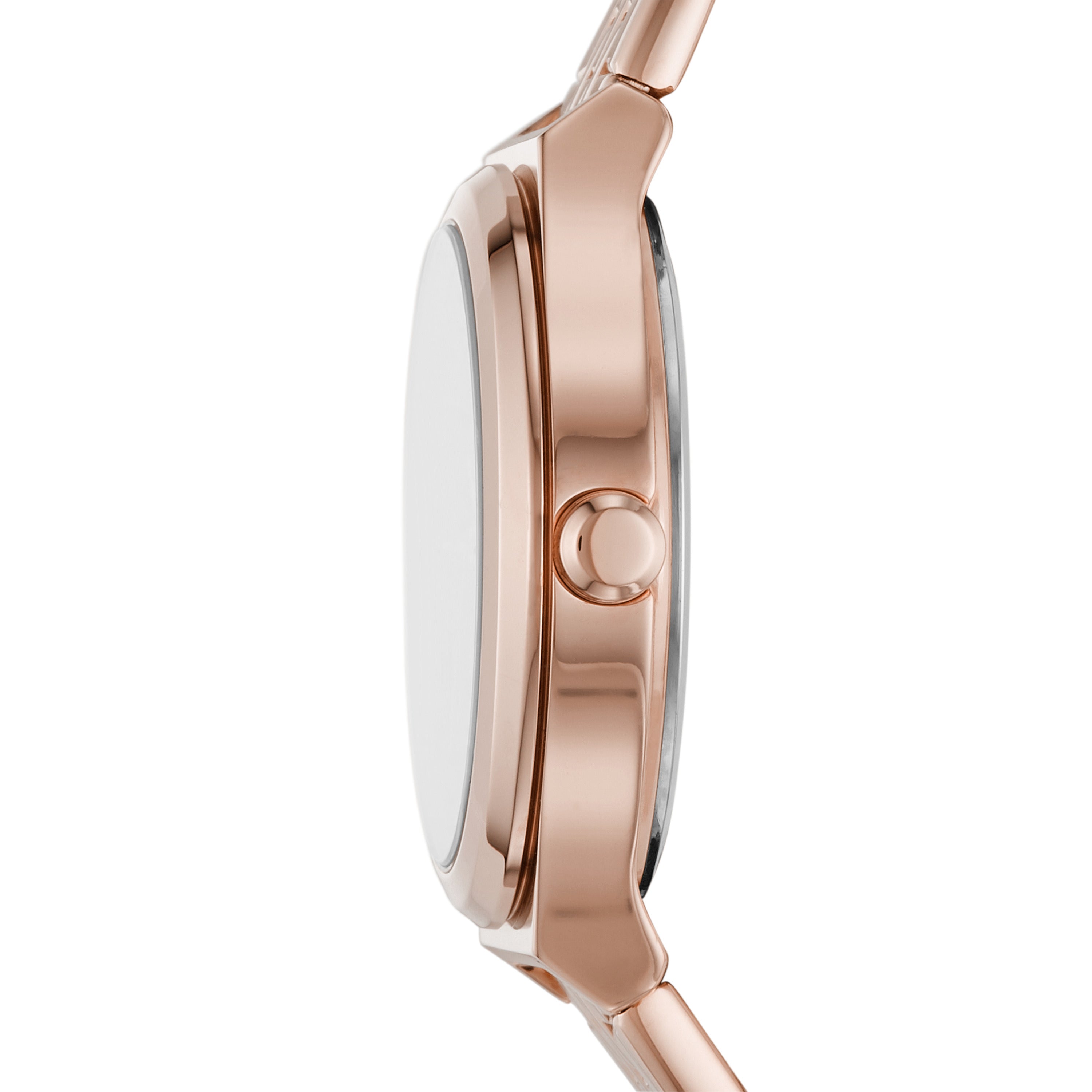 Seitenansicht einer DKNY Armbanduhr - The Classic Allrounder, mit rundem Gehäuse, rechtsseitiger Krone und Sunray-Zifferblatt mit einem eleganten roségoldenen Edelstahlarmband von DKNY.