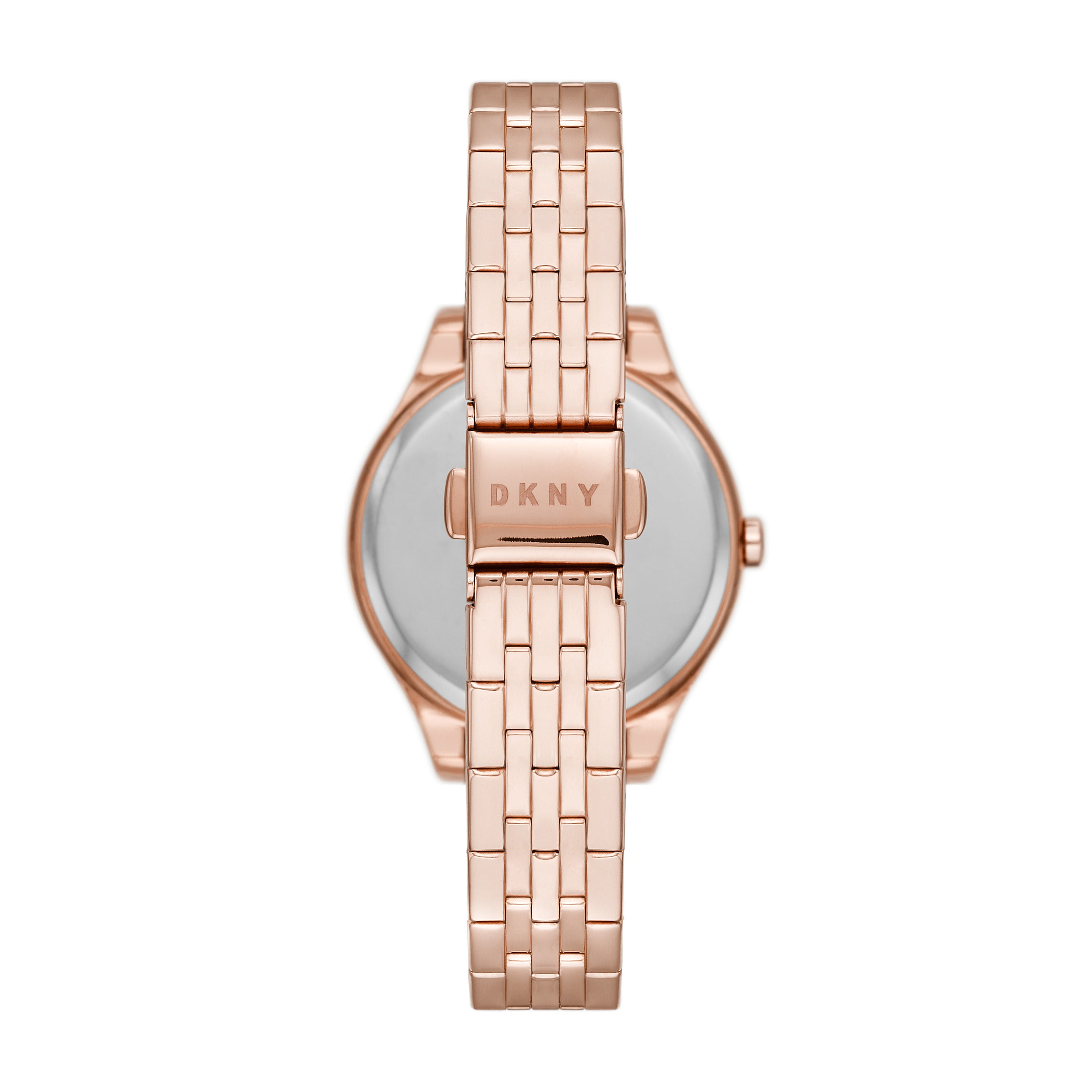 Die DKNY Armbanduhr - The Classic Allrounder hat ein roségoldenes Edelstahlarmband und wird von hinten mit geschlossener Schließe gezeigt.
