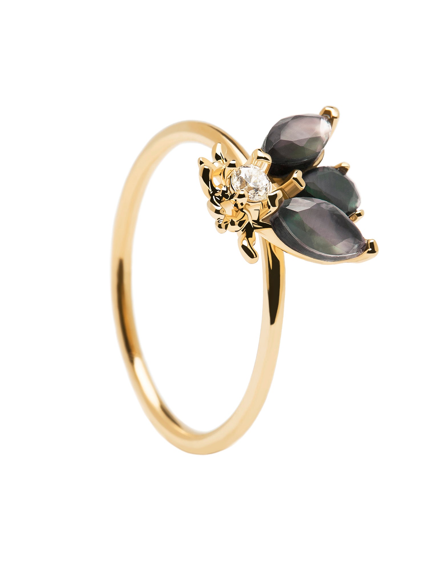 PDPaola Ring - Wings Detail in Größe 52 von PDPaola, verziert mit einem zentralen Diamanten und drei dunklen marquiseförmigen Steinen in einem floral inspirierten Design.