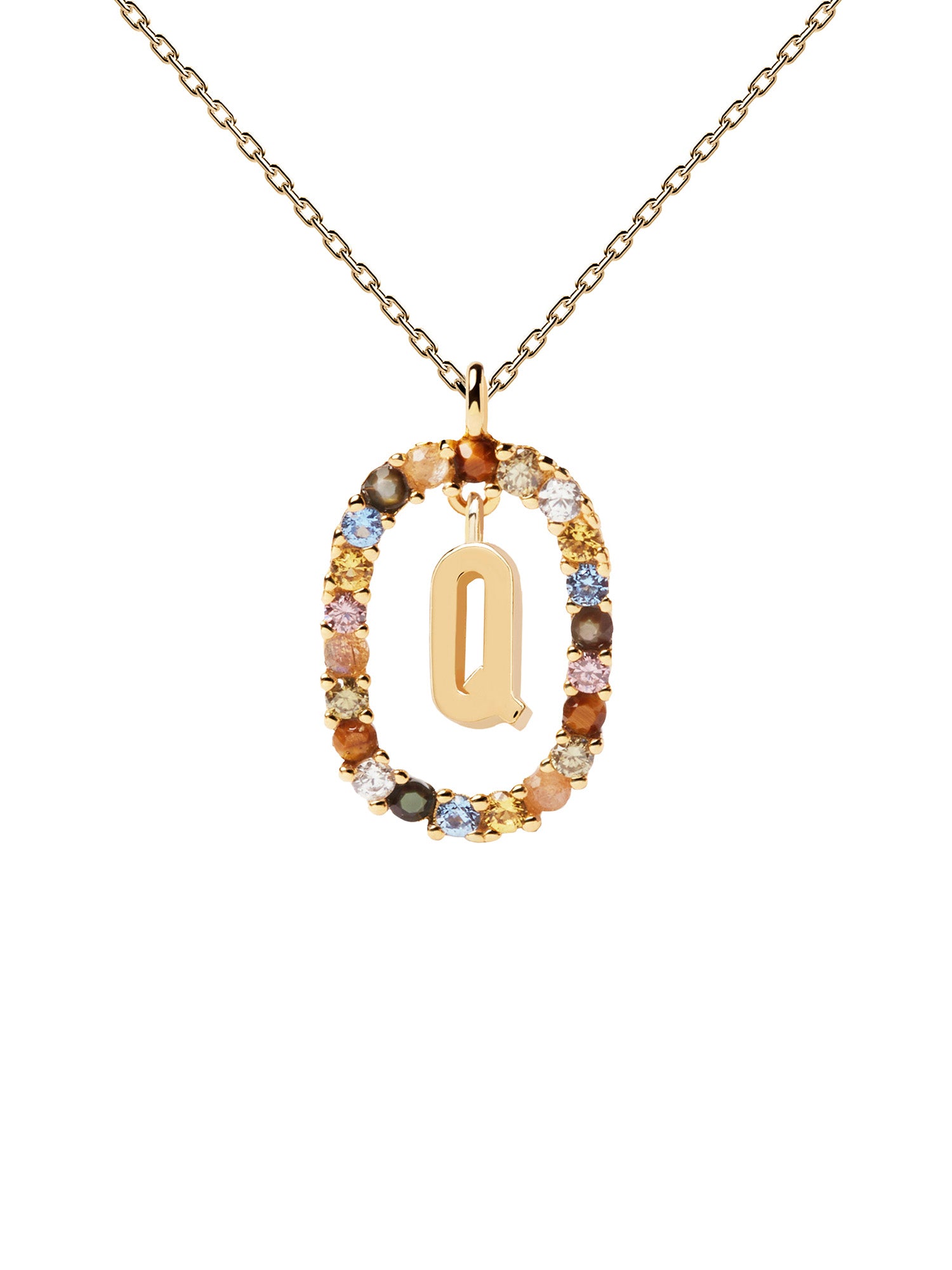 PDPaola Halskette - Your Letter Q: Goldene Kette mit ovalem, mehrfarbigem Anhänger und goldenem Q-Charm der Trendmarke PDPaola.