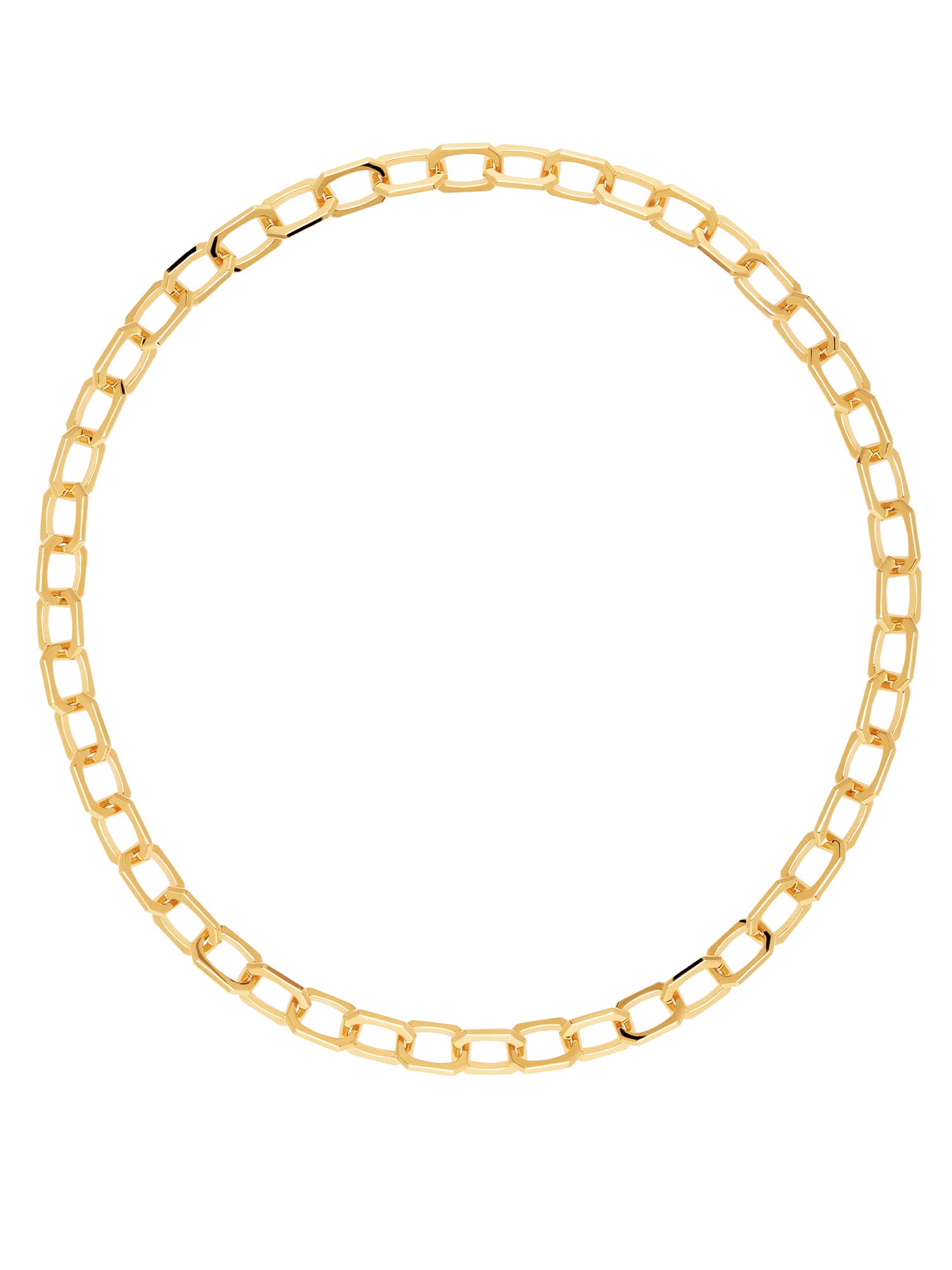 PDPaola Halskette - Die kleine Signatur: Elegante Goldkette mit rechteckigen Gliedern, kreisförmig arrangiert auf weißem Hintergrund, präsentiert das stilvolle Design der Marke PDPaola.