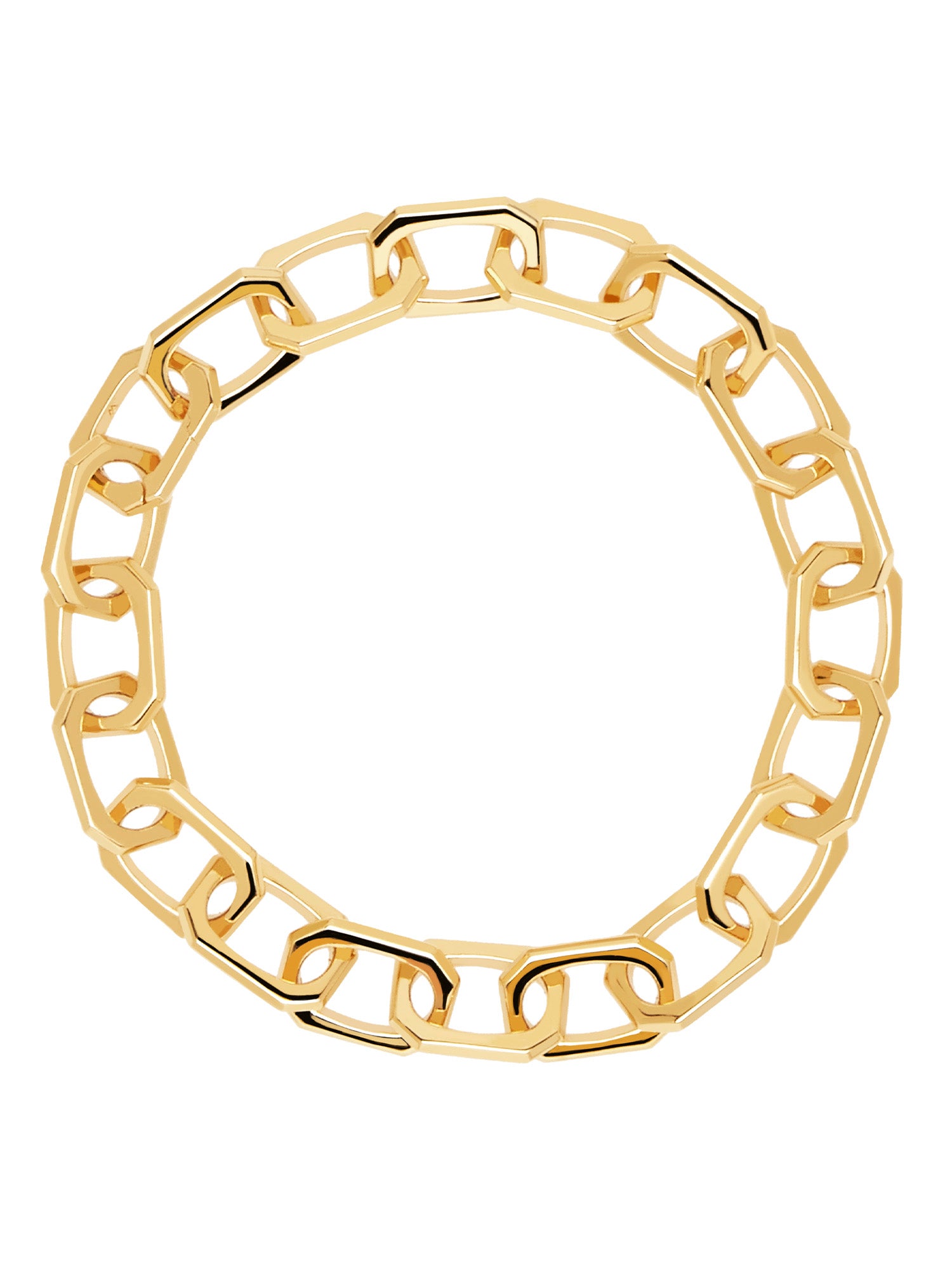 Ein goldenes Kettenarmband mit großen, geometrischen, kreisförmig angeordneten Gliedern, das von PDPaola als Small Signature Armband hergestellt wird.