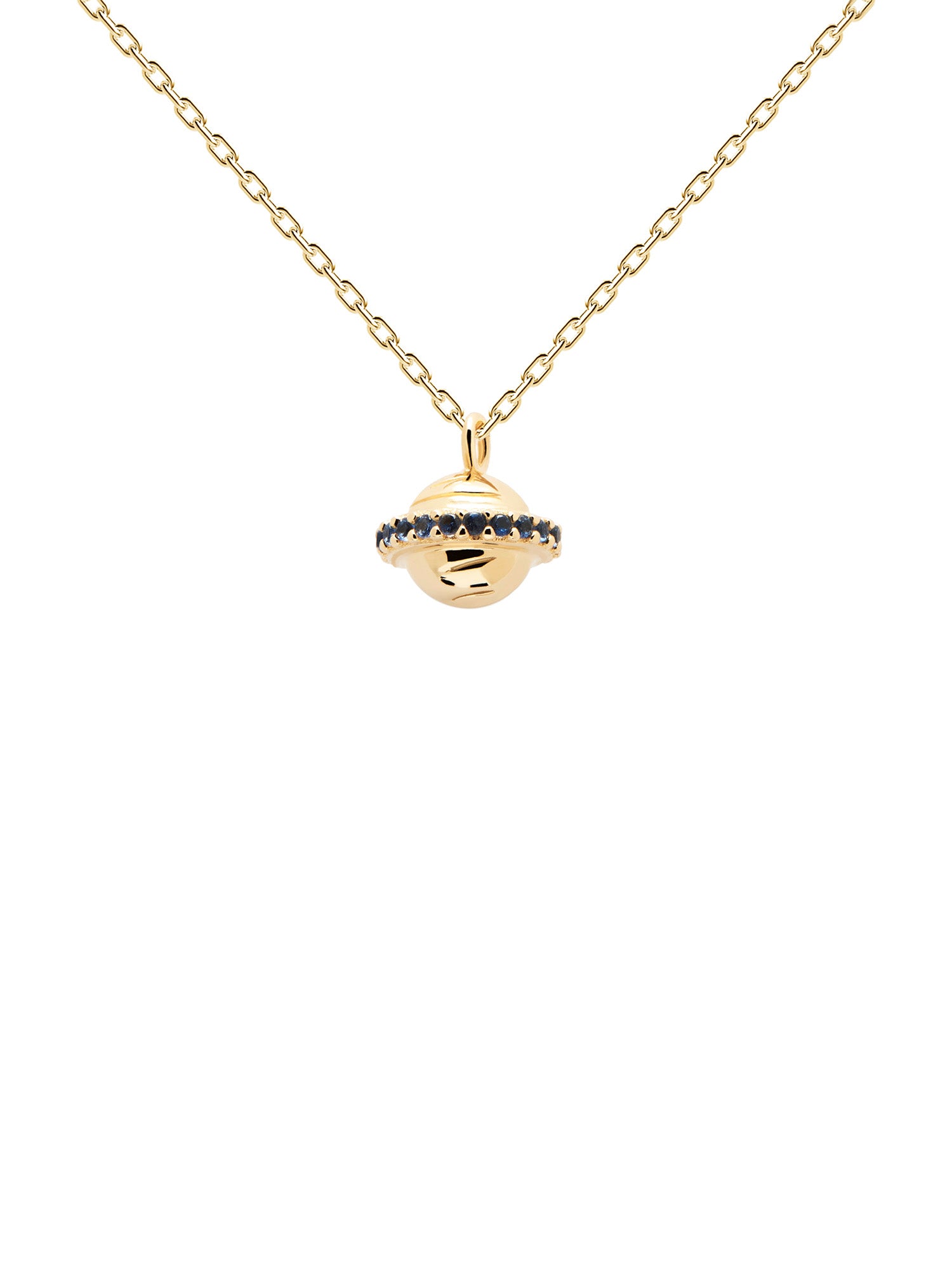 PDPaola Halskette - Eine Reise zum Saturn: Goldene Halskette von PDPaola mit einem Anhänger in Form eines Planeten und einem Ring aus dunklen Steinen, ein innovatives Highlight der Marke.