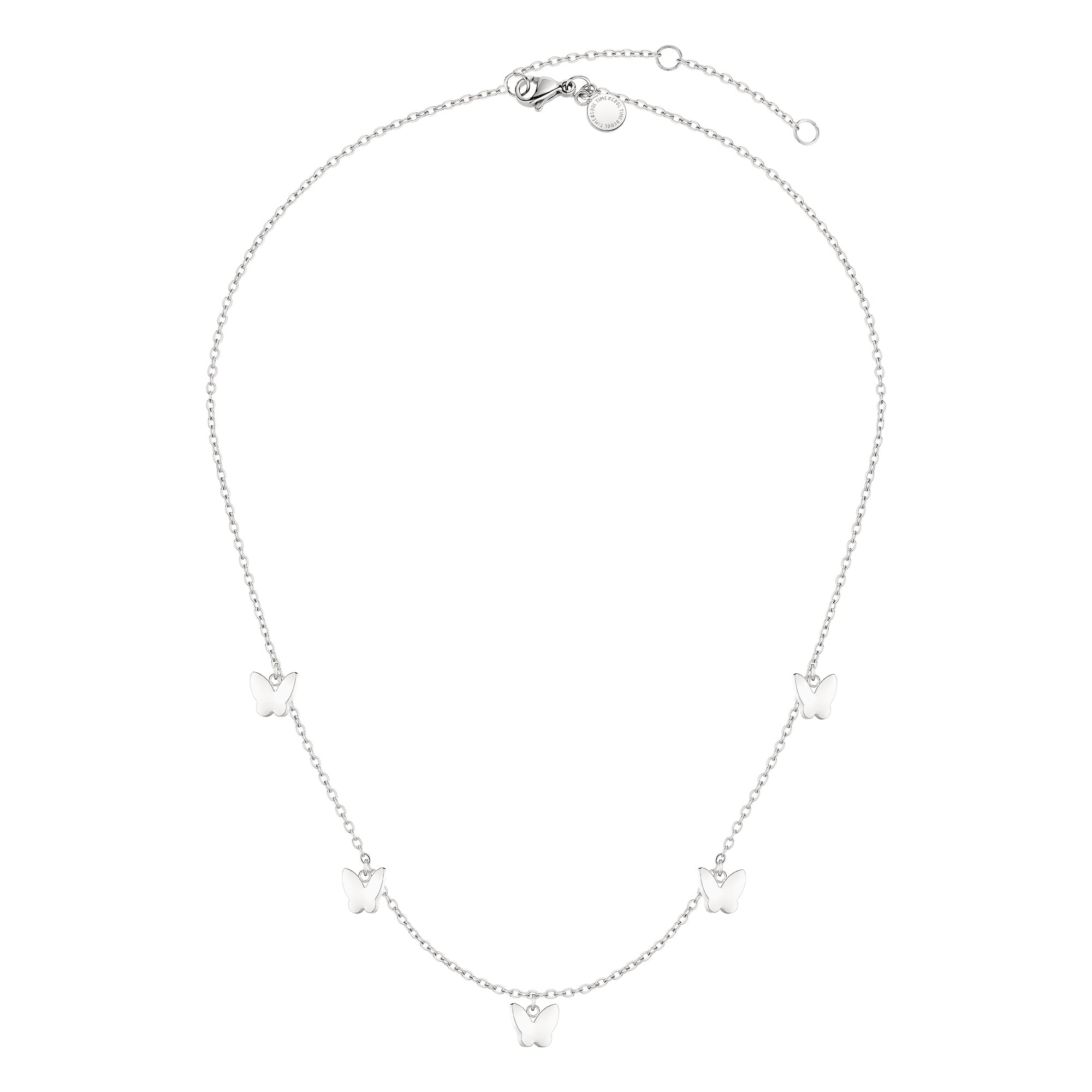 Die Cool Time Kids Halskette - The Cool Butterfly von Cool Time ist eine silberne Kette mit fünf kleinen Schmetterlingsanhängern, die stilvoll verteilt sind - ein elegantes Accessoire für jede Gelegenheit.