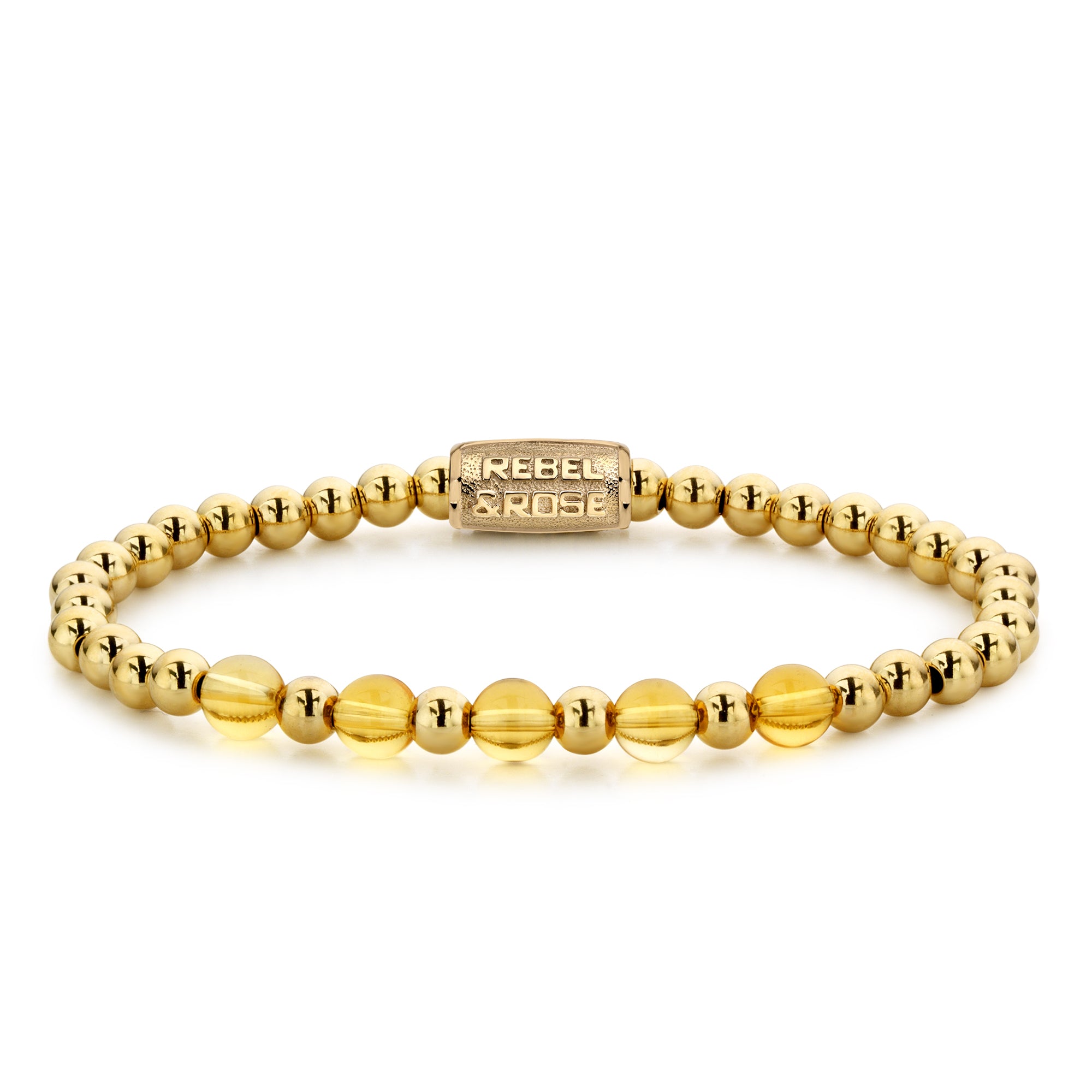 Rebel & Rose Perlen - Das Goldene Perlen Armband: Ein goldenes Perlenarmband von Rebel & Rose mit hochwertigen Steinarten mit runden, durchscheinenden gelben Perlen.