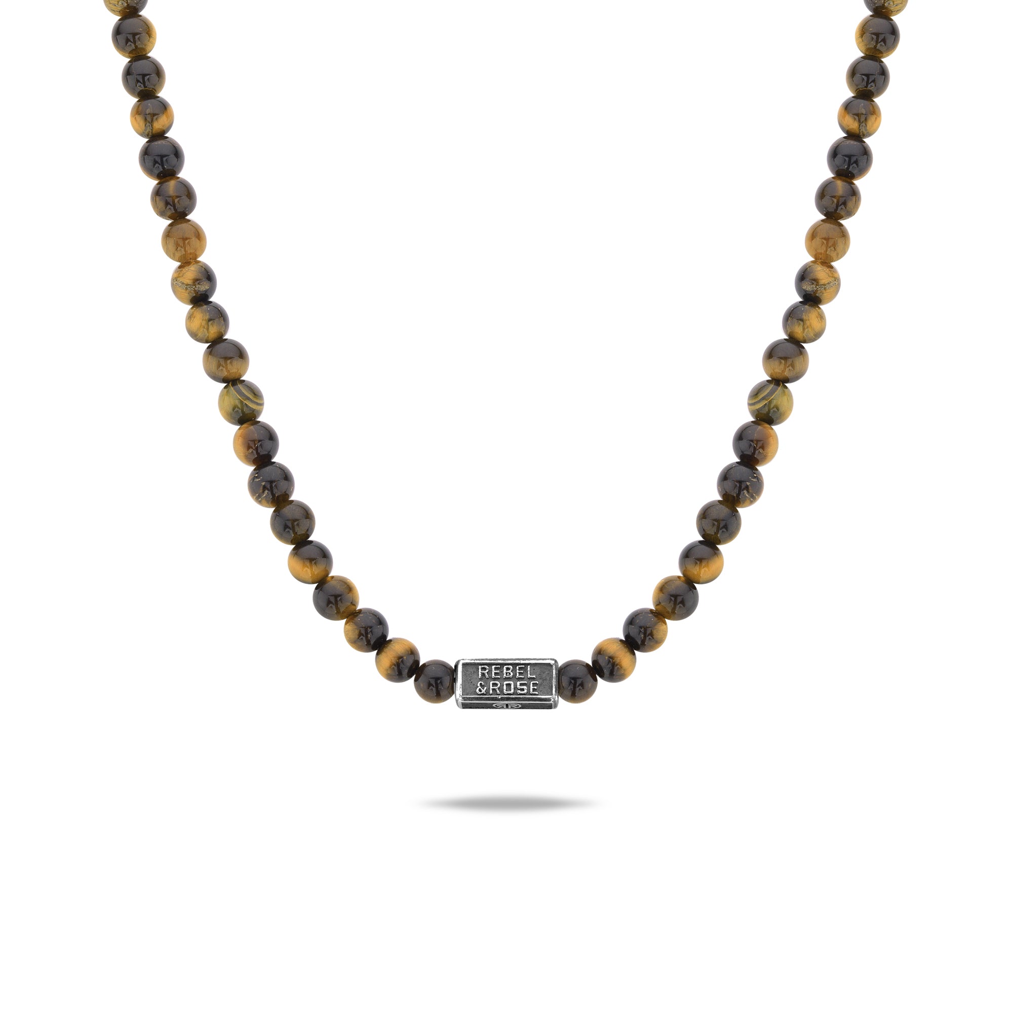 Rebel & Rose Halskette - The Beads Necklace mit braunen und schwarzen Tigerauge-Perlen sowie kleinem Rebel & Rose Logoanhänger für einen hochwertigen Look.
