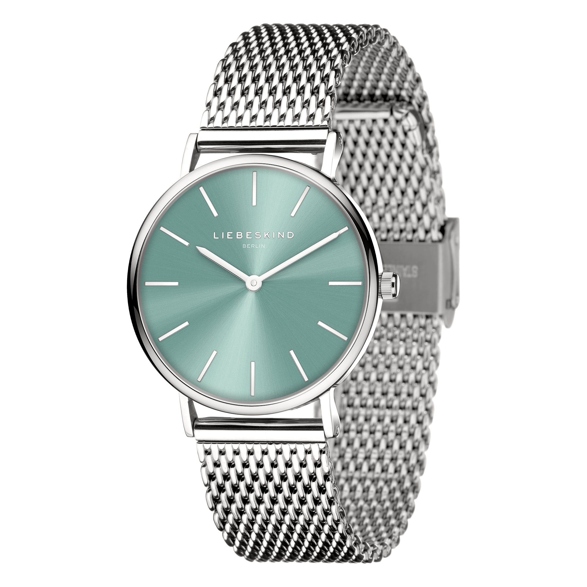Liebeskind Berlin Armbanduhr mit grünem Zifferblatt, silbernem Gehäuse und silbernem Meshband Zusatzbild