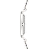 Liebeskind Berlin Armbanduhr mit grünem Zifferblatt, silbernem Gehäuse und silbernem Meshband Seitenansicht