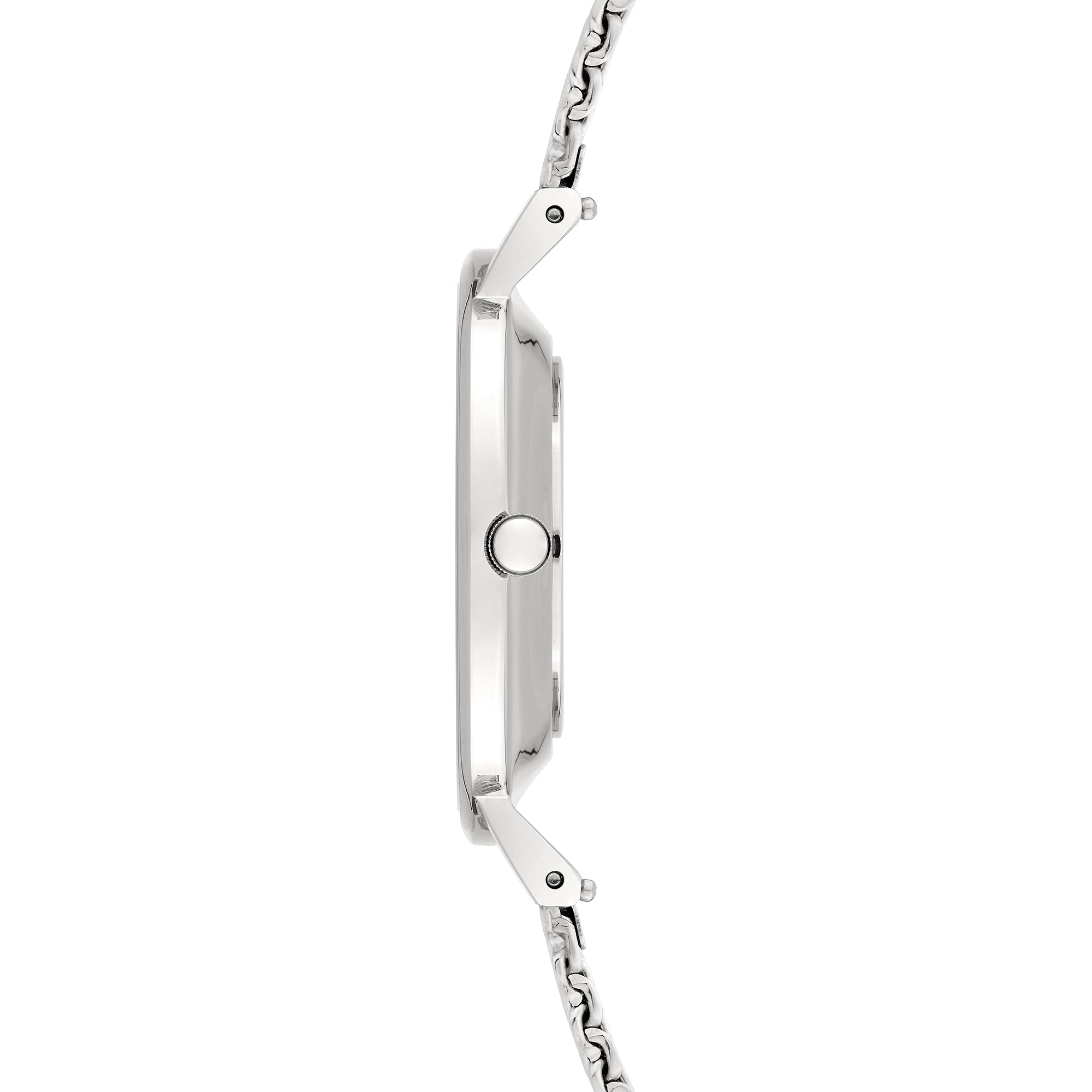 Liebeskind Berlin Armbanduhr mit grünem Zifferblatt, silbernem Gehäuse und silbernem Meshband Seitenansicht