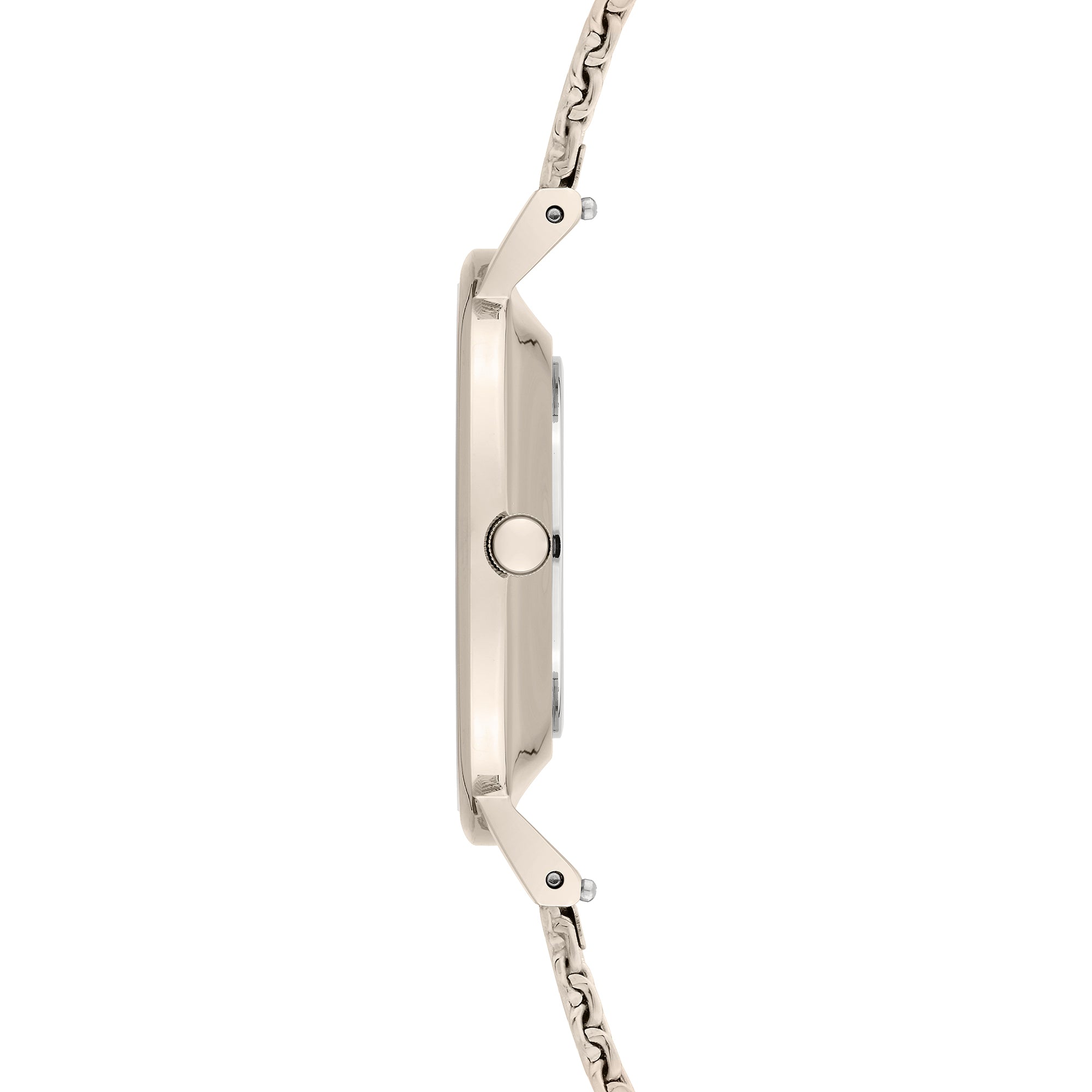 Liebeskind Berlin Armbanduhr mit rosa Zifferblatt, roségoldenem Gehäuse und roségoldenem Meshband Seitenansicht