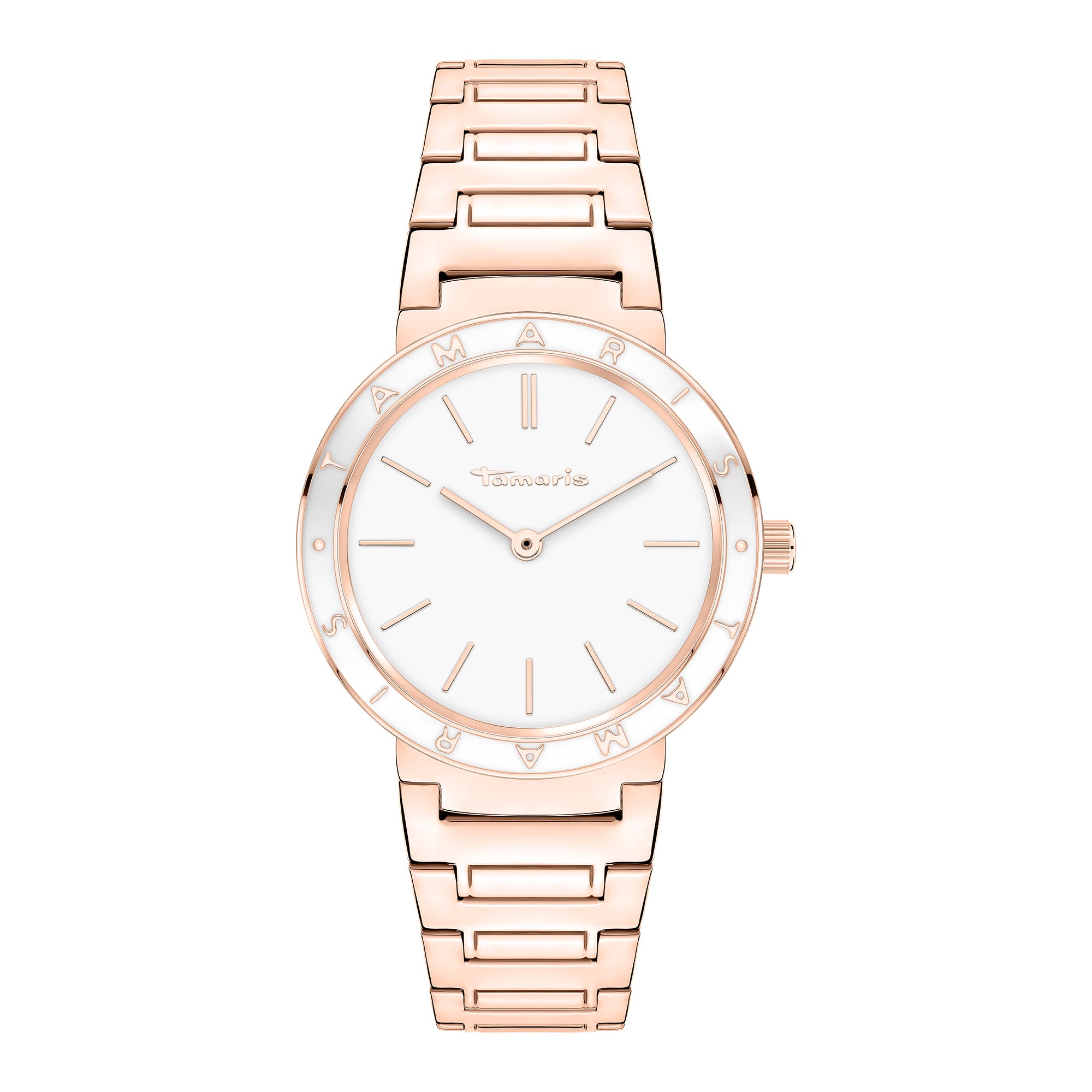 Die Tamaris Armbanduhr - The Modern Classic, mit roségoldenem Edelstahlarmband, weißem Zifferblatt und minimalistischem Design, ist die perfekte elegante Uhr für stilbewusste Frauen.