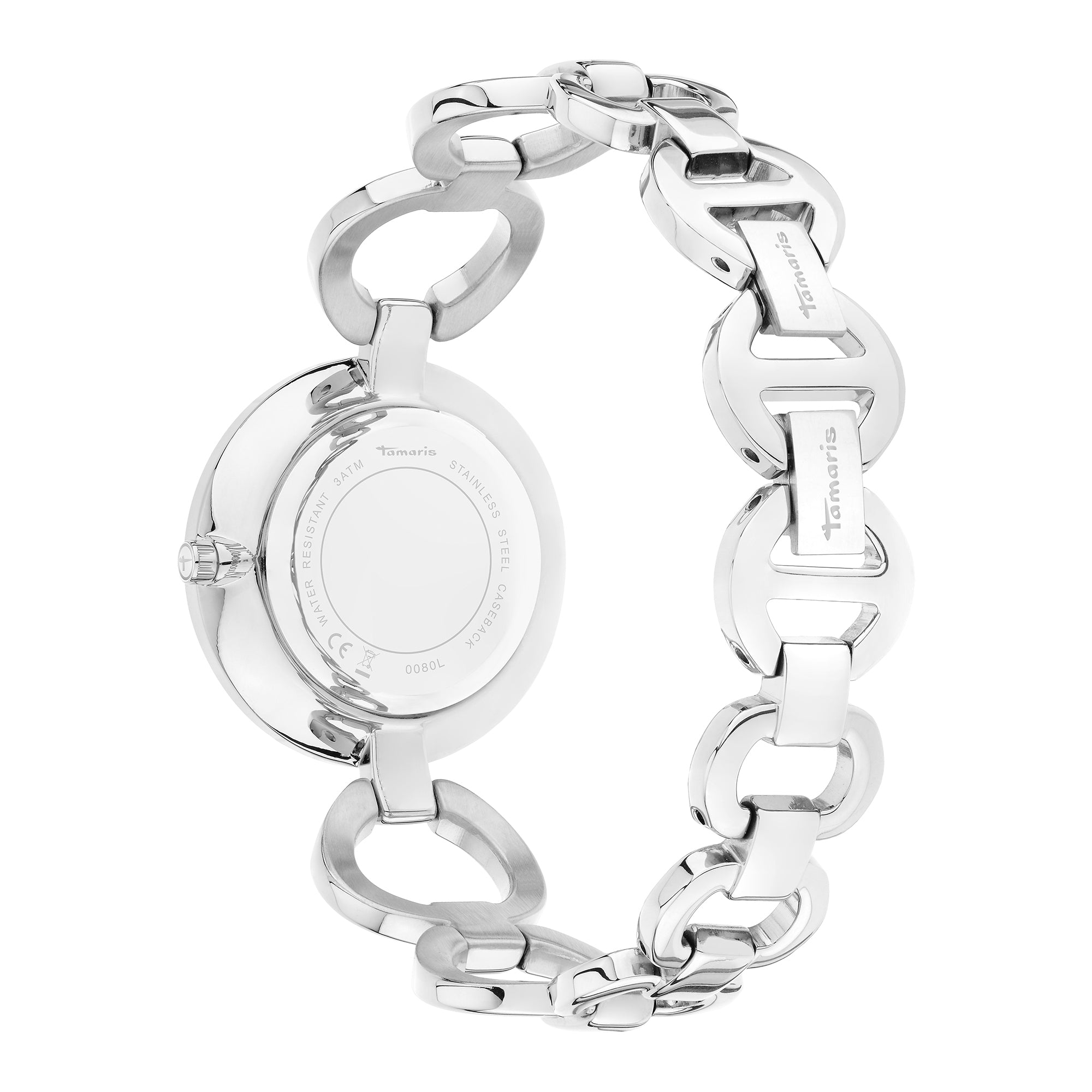 Tamaris Armbanduhr mit silbernem Ziffernblatt, silbernem Gehäuse und silbernem Schmuckband Rückansicht