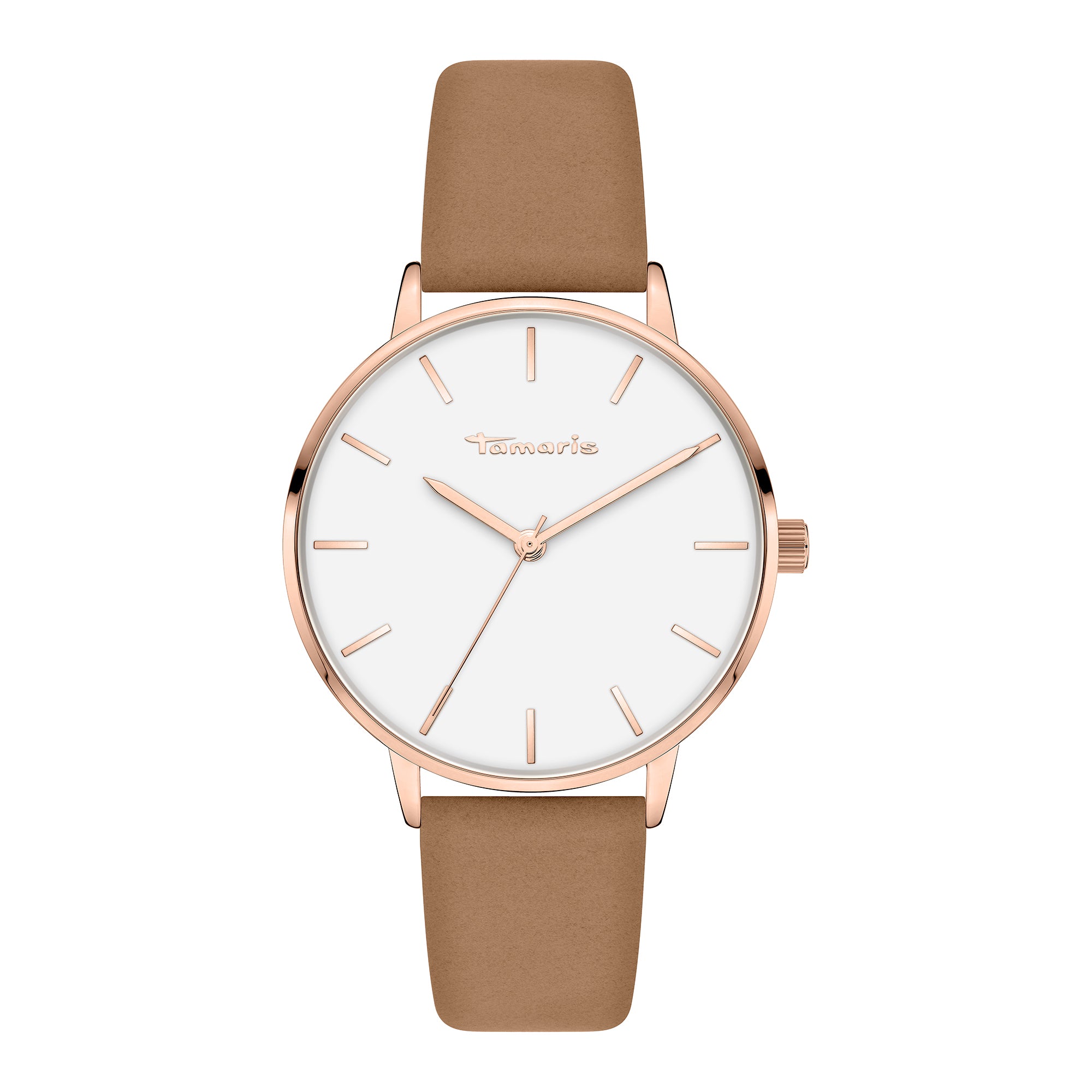 Tamaris Armbanduhr mit roségoldenem Gehäuse und braunem Lederarmband Produktbild