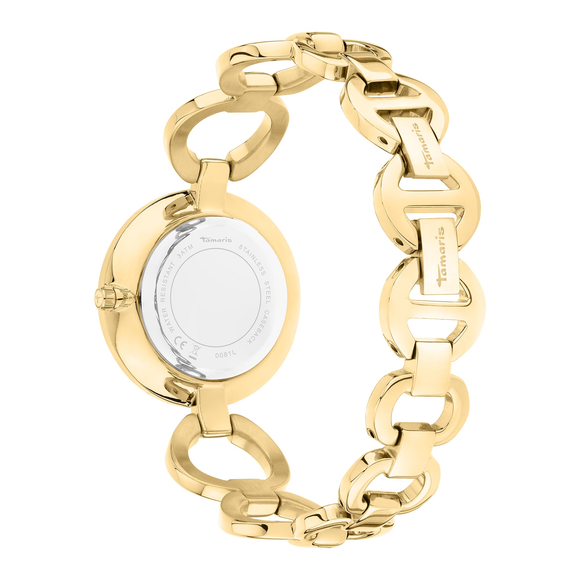 Tamaris Armbanduhr mit silbernem Ziffernblatt, goldenem Gehäuse und goldenem Schmuckband Rückansicht