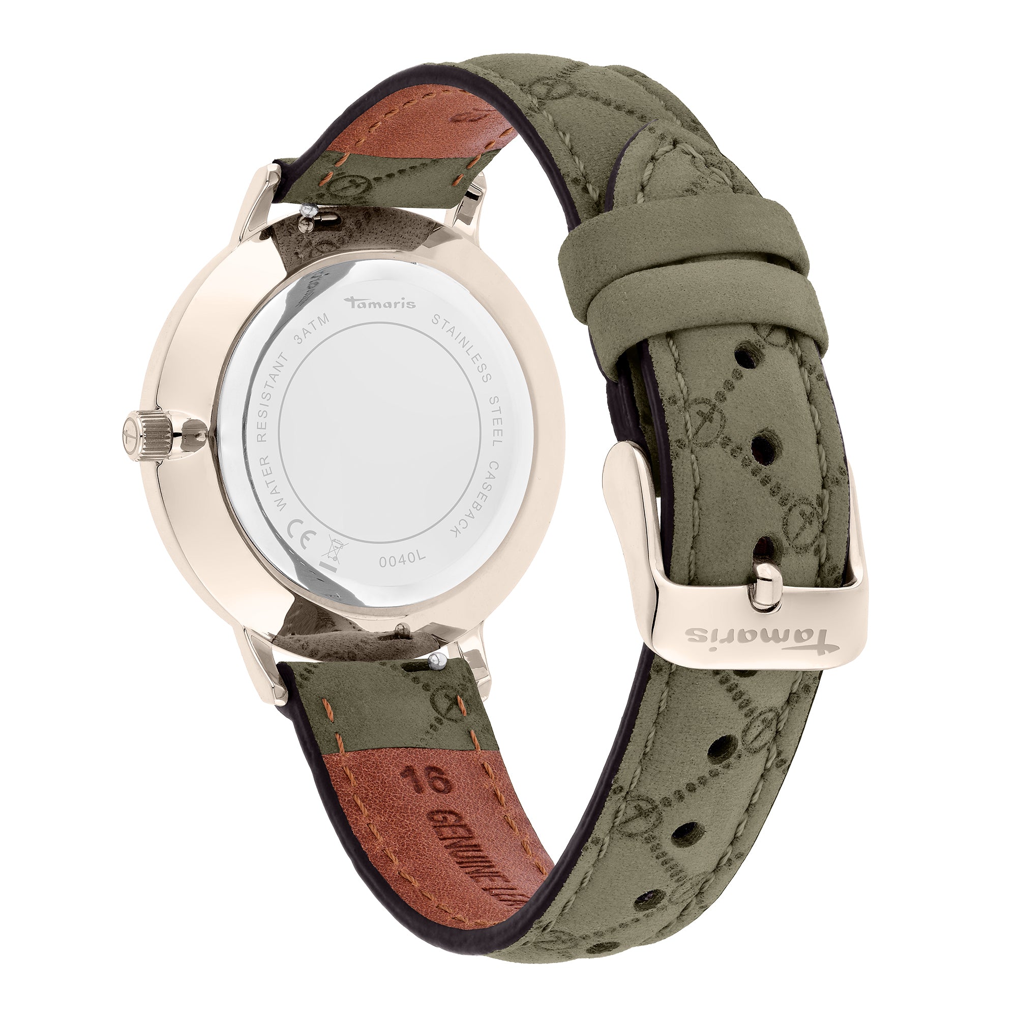 Tamaris Armbanduhr in klassischem Design mit grünlichem Gehäuse und grünem Lederarmband Rückansicht