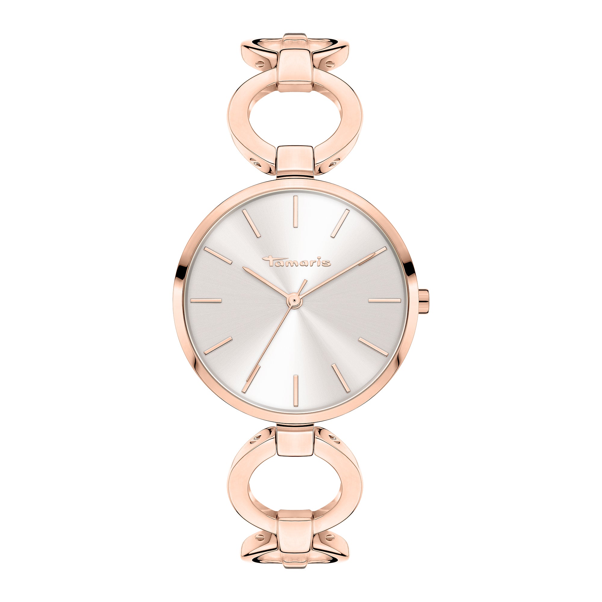 Tamaris Armbanduhr mit silbernem Ziffernblatt, roségoldenem Gehäuse und roségoldenem Schmuckband Produktbild