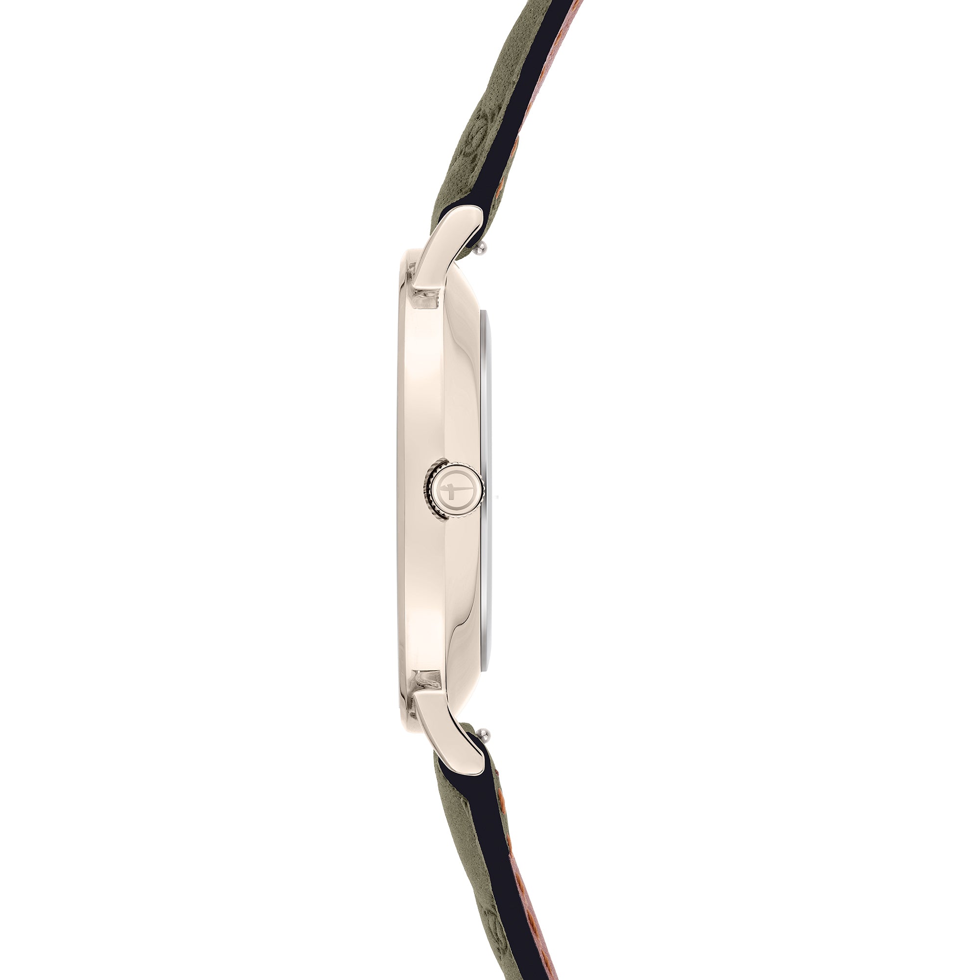 Tamaris Armbanduhr in klassischem Design mit grünlichem Gehäuse und grünem Lederarmband Seitenansicht