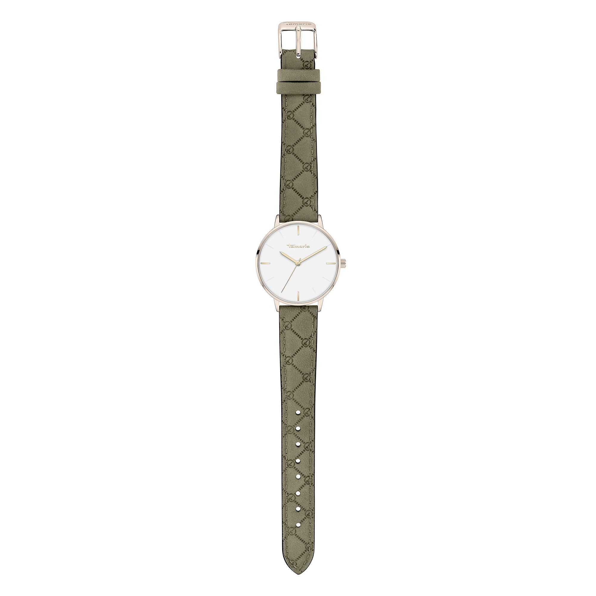 Tamaris Armbanduhr in klassischem Design mit grünlichem Gehäuse und grünem Lederarmband Produktbild