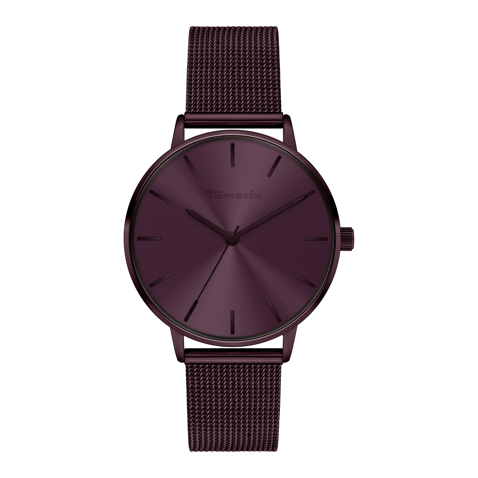Tamaris Armbanduhr mit lila Ziffernblatt, lila Gehäuse und lila Mesh-Armband Produktbild