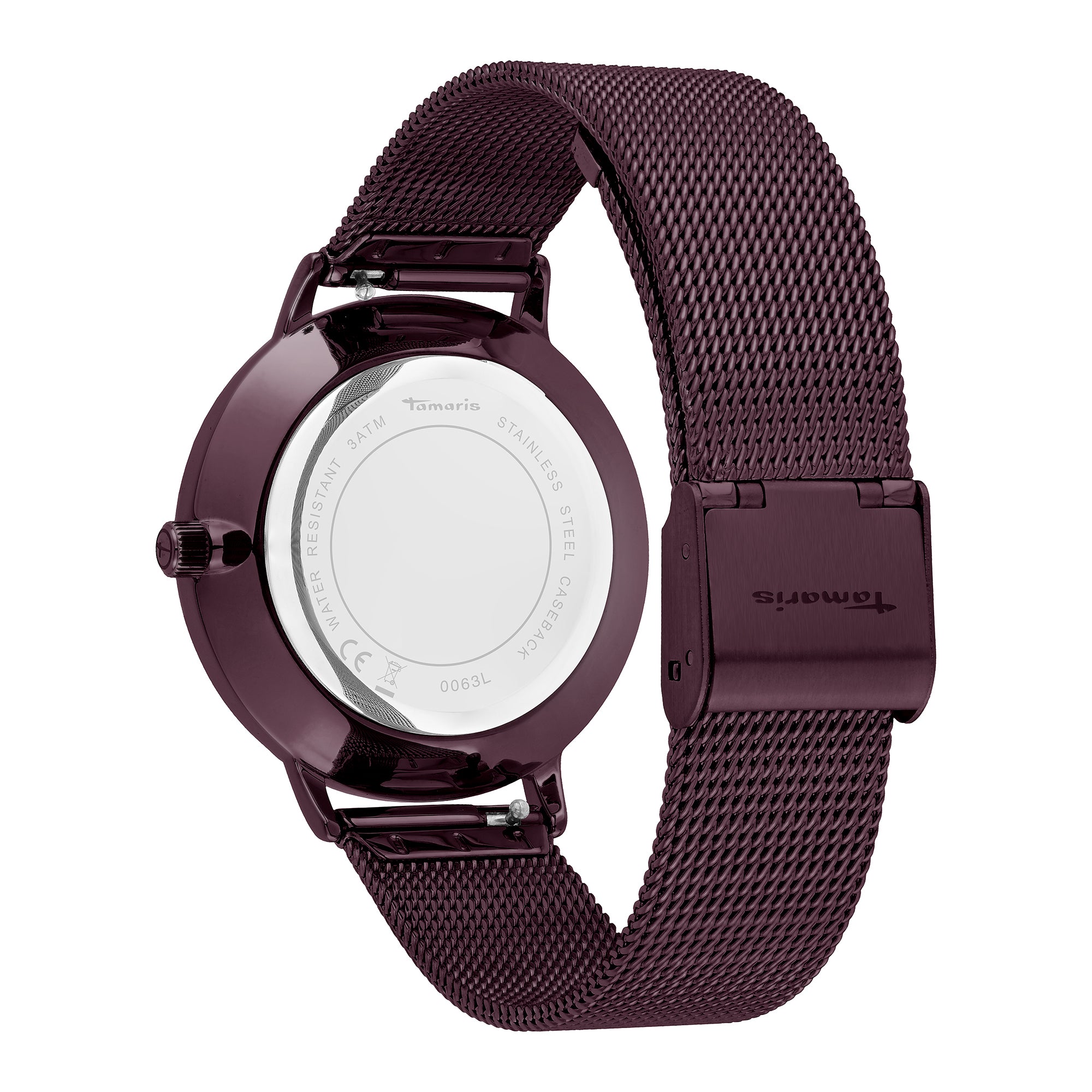 Tamaris Armbanduhr mit lila Ziffernblatt, lila Gehäuse und lila Mesh-Armband Rückansicht