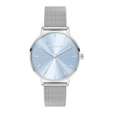 Tamaris Armbanduhr mit blauem Ziffernblatt, silbernem Gehäuse und silbernem Mesh-Armband Produktbild