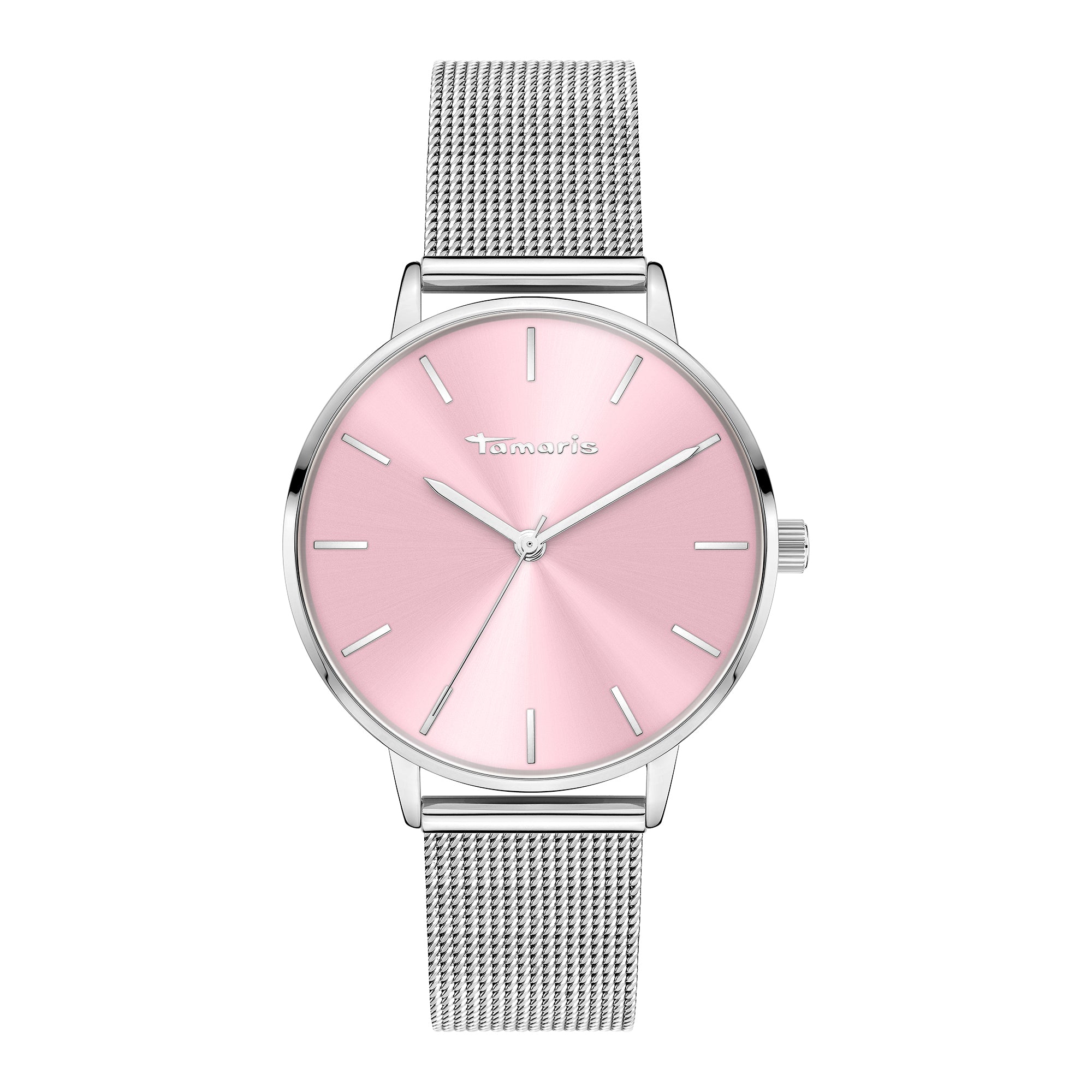 Tamaris Armbanduhr mit rosanem Ziffernblatt, silbernem Gehäuse und silbernem Mesh-Armband Produktbild
