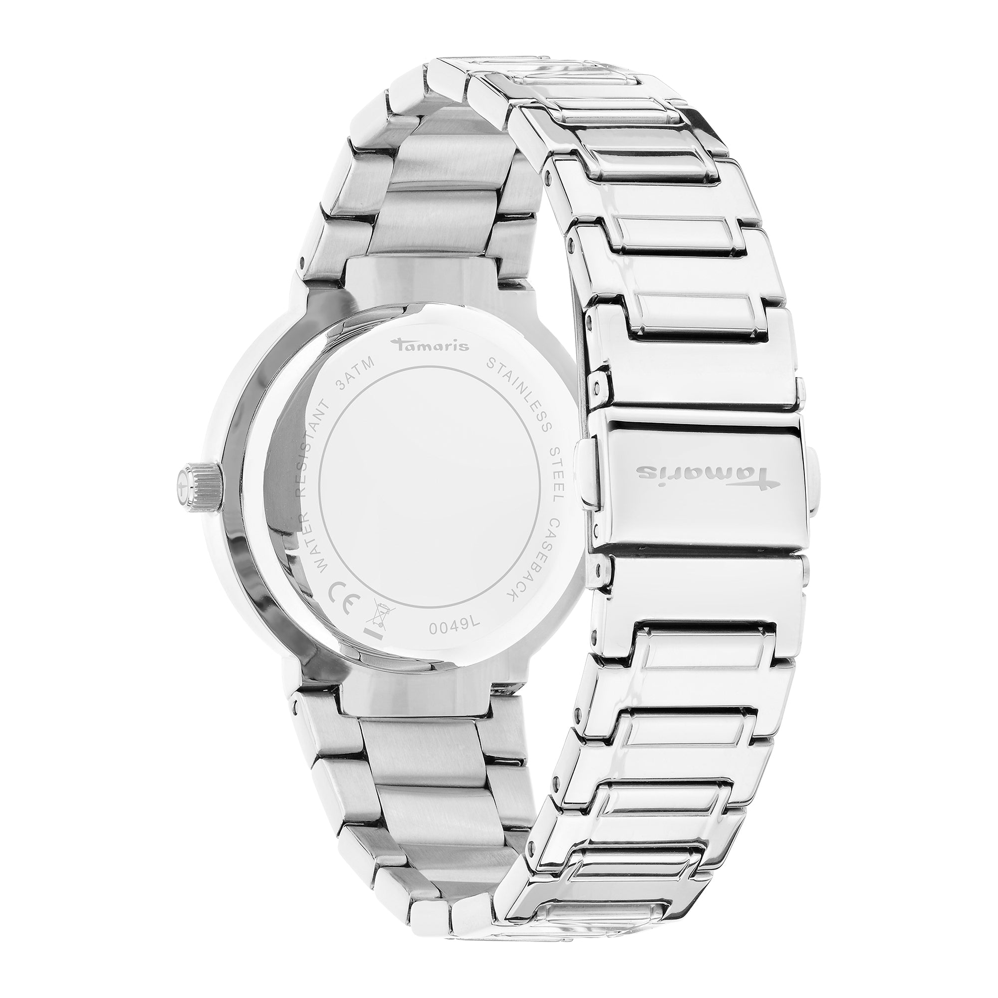 Elegante Uhr: Die Tamaris Armbanduhr - The Modern Classic mit Edelstahlarmband wird von hinten präsentiert und betont den Verschluss sowie Details des Gehäusebodens.