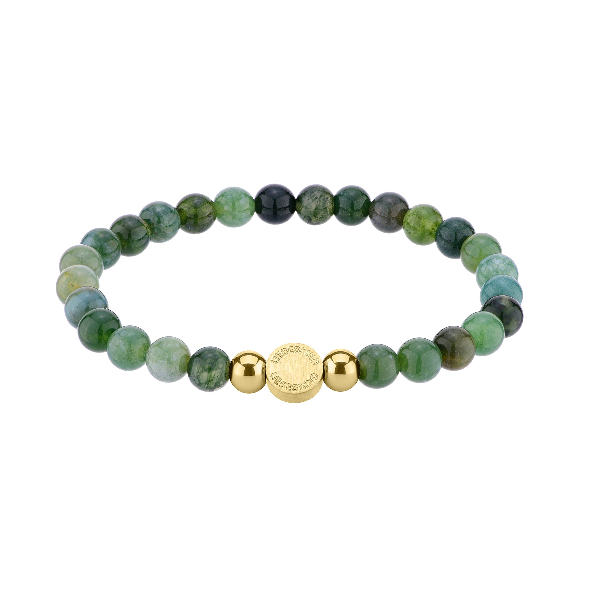 LIEBESKIND BERLIN Perlen - der Moosachat: Ein stilvolles Perlenarmband mit grünem Stein von Liebeskind Berlin, mit einer goldenen Akzentperle und einem eingravierten runden Goldanhänger in der Mitte.