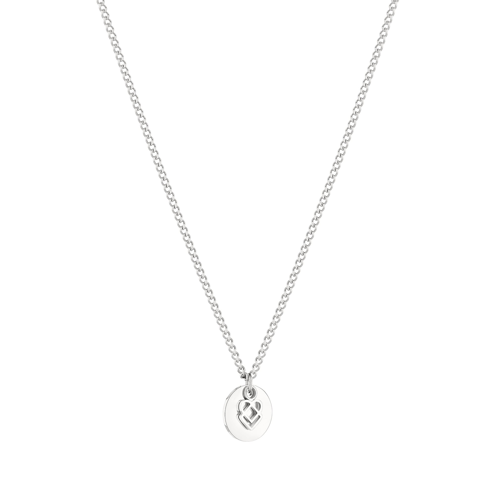 Die LIEBESKIND BERLIN Halskette - Keep Loving von Liebeskind Berlin ist eine silberne Kette mit einem runden Anhänger mit ausgeschnittenem Herz, perfekt als Schmuck Damen und ergänzt wunderschön jeden Stil. Abgebildet auf weißem Hintergrund.