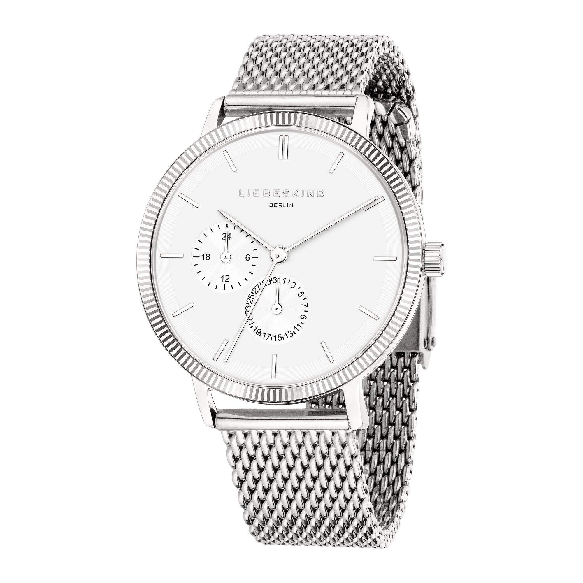 Liebeskind Berlin Armbanduhr mit silbernem Gehäuse, geriffeltem Topring und silbernem Meshband Produktbild