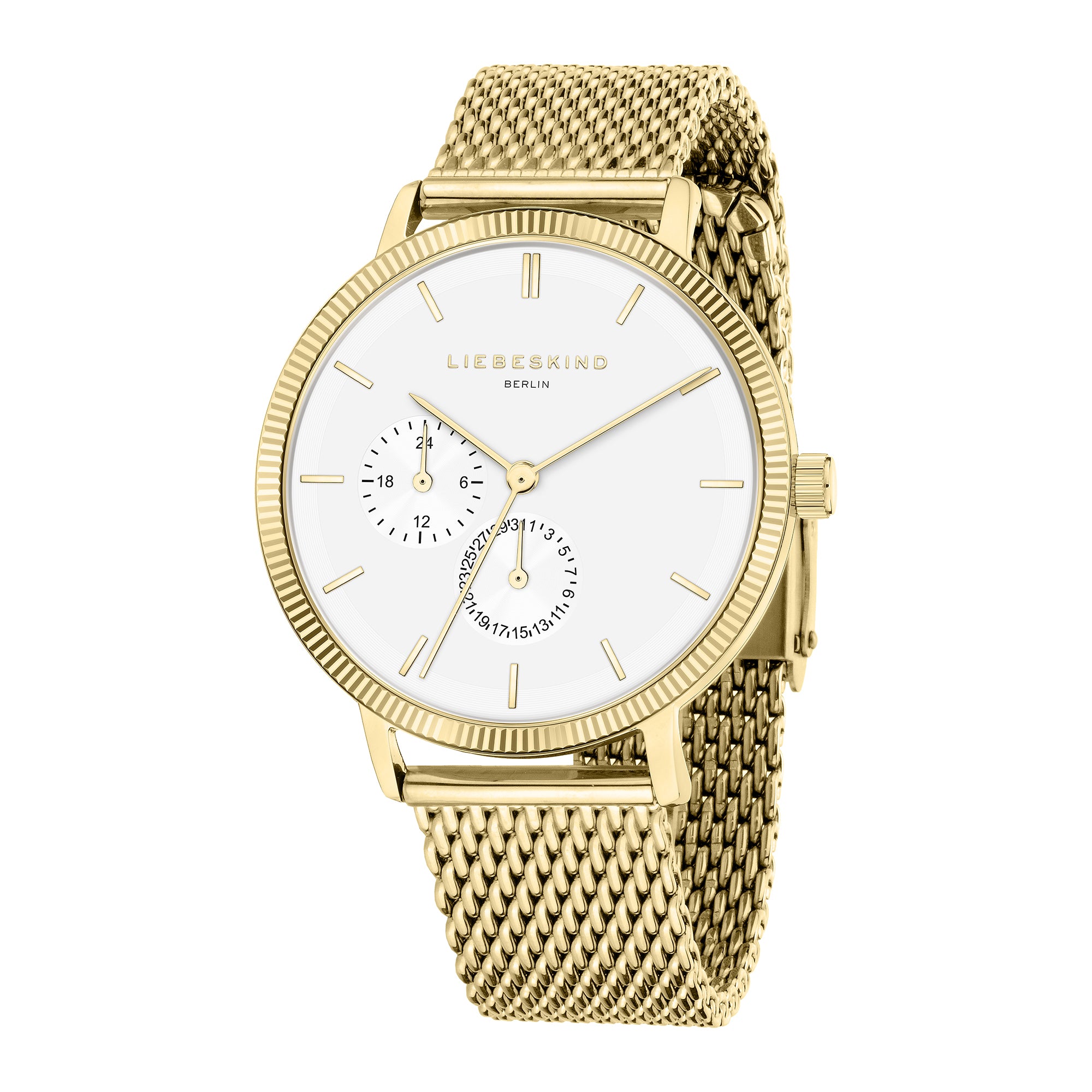 Liebeskind Berlin Armbanduhr mit goldenem Gehäuse, geriffeltem Topring und goldenem Meshband Produktbild