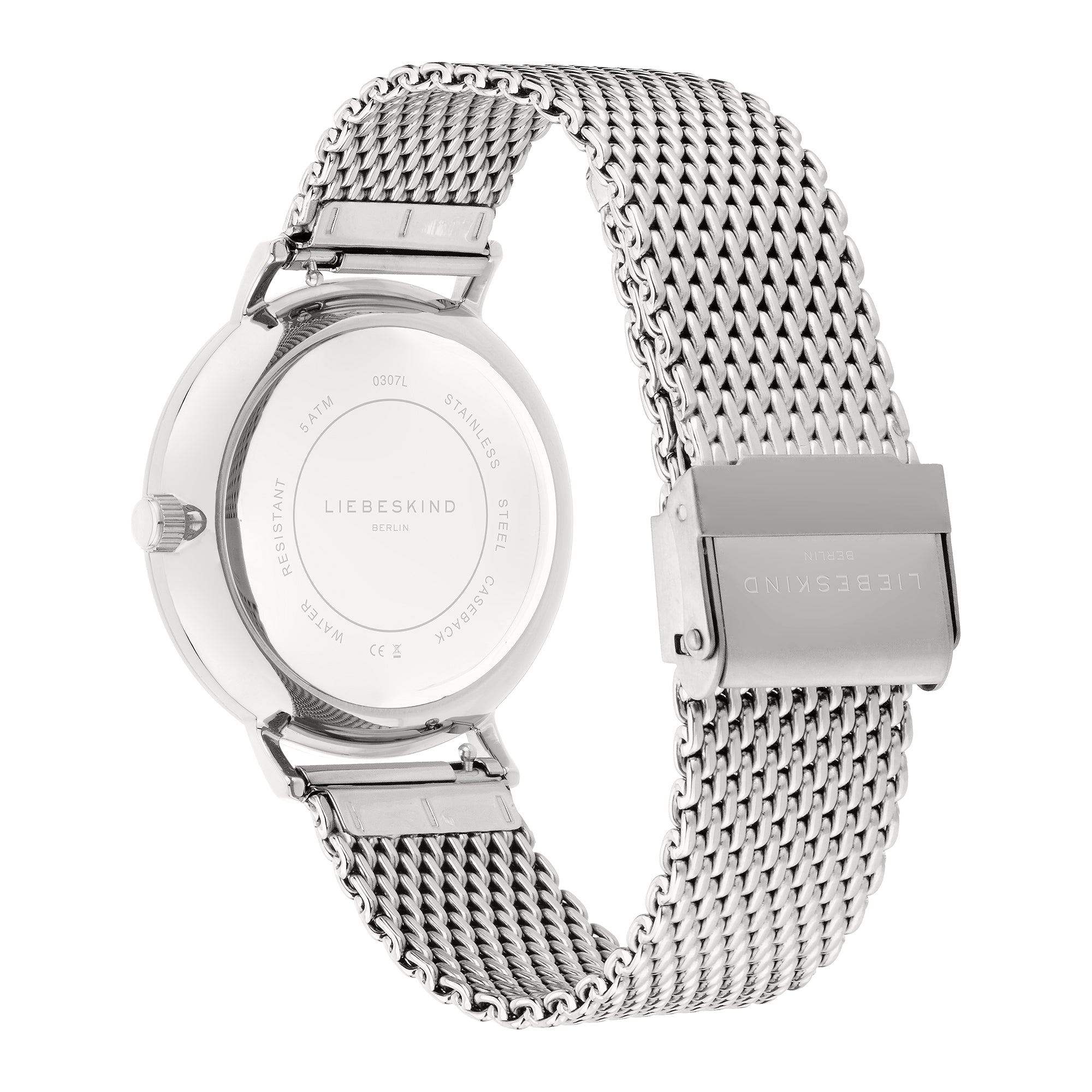 Die LIEBESKIND BERLIN Armbanduhr - Clean Multifunction verfügt über ein Mesh-Band und eine elegante Schließe, die von hinten mit dem Liebeskind Berlin Branding auf dieser stilvollen Edelstahluhr präsentiert wird.