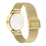 Die LIEBESKIND BERLIN Armbanduhr - Clean Multifunction mit goldfarbenem Meshband und Gravur auf Rückseite und Verschluss, von hinten gezeigt.