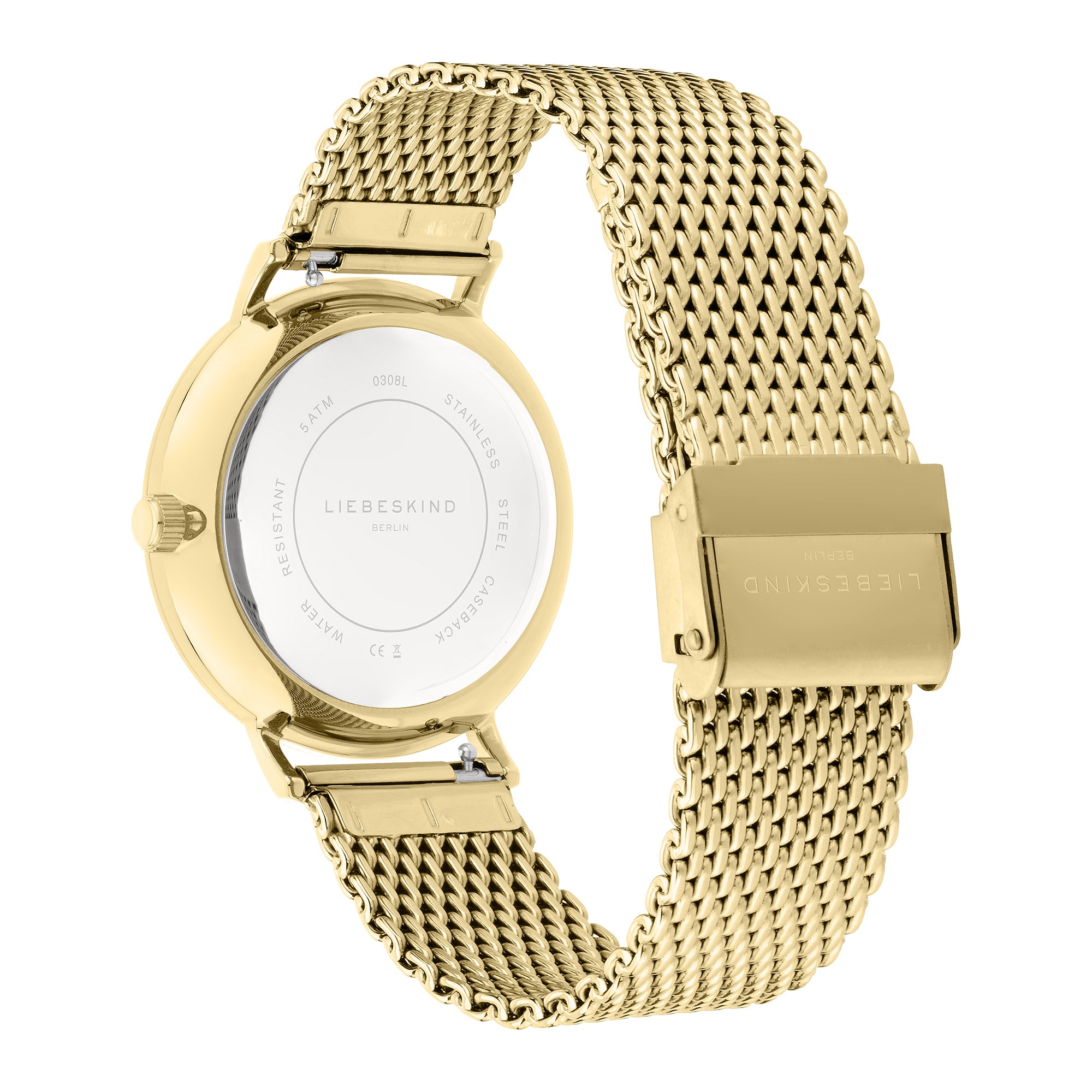 Die LIEBESKIND BERLIN Armbanduhr - Clean Multifunction mit goldfarbenem Meshband und Gravur auf Rückseite und Verschluss, von hinten gezeigt.