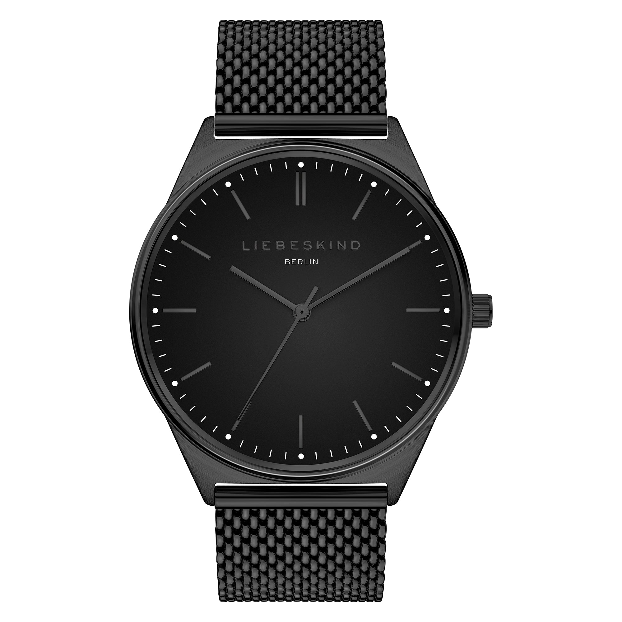 Liebeskind Berlin Armbanduhr mit schwarzem Zifferblatt, schwarzem Gehäuse und schwarzem Meshband Produktbild